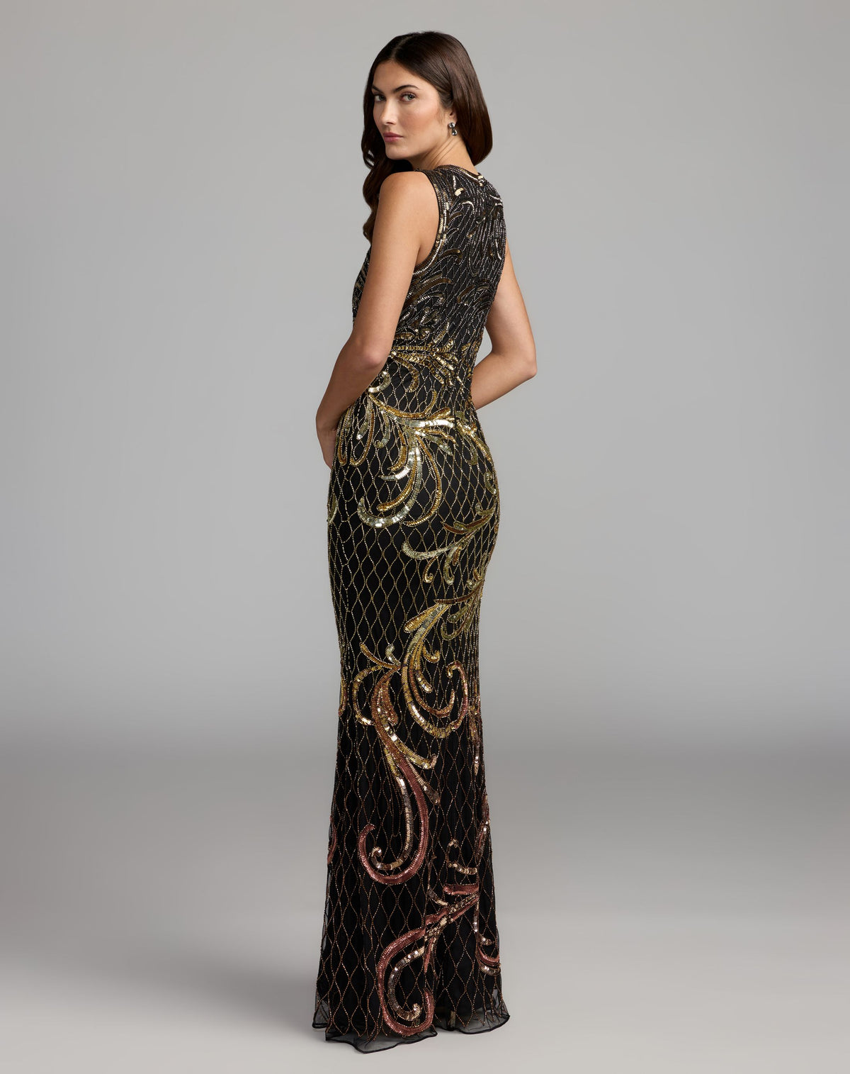 Black and Gold Beaded High Neck Column Gown - Mac Duggal