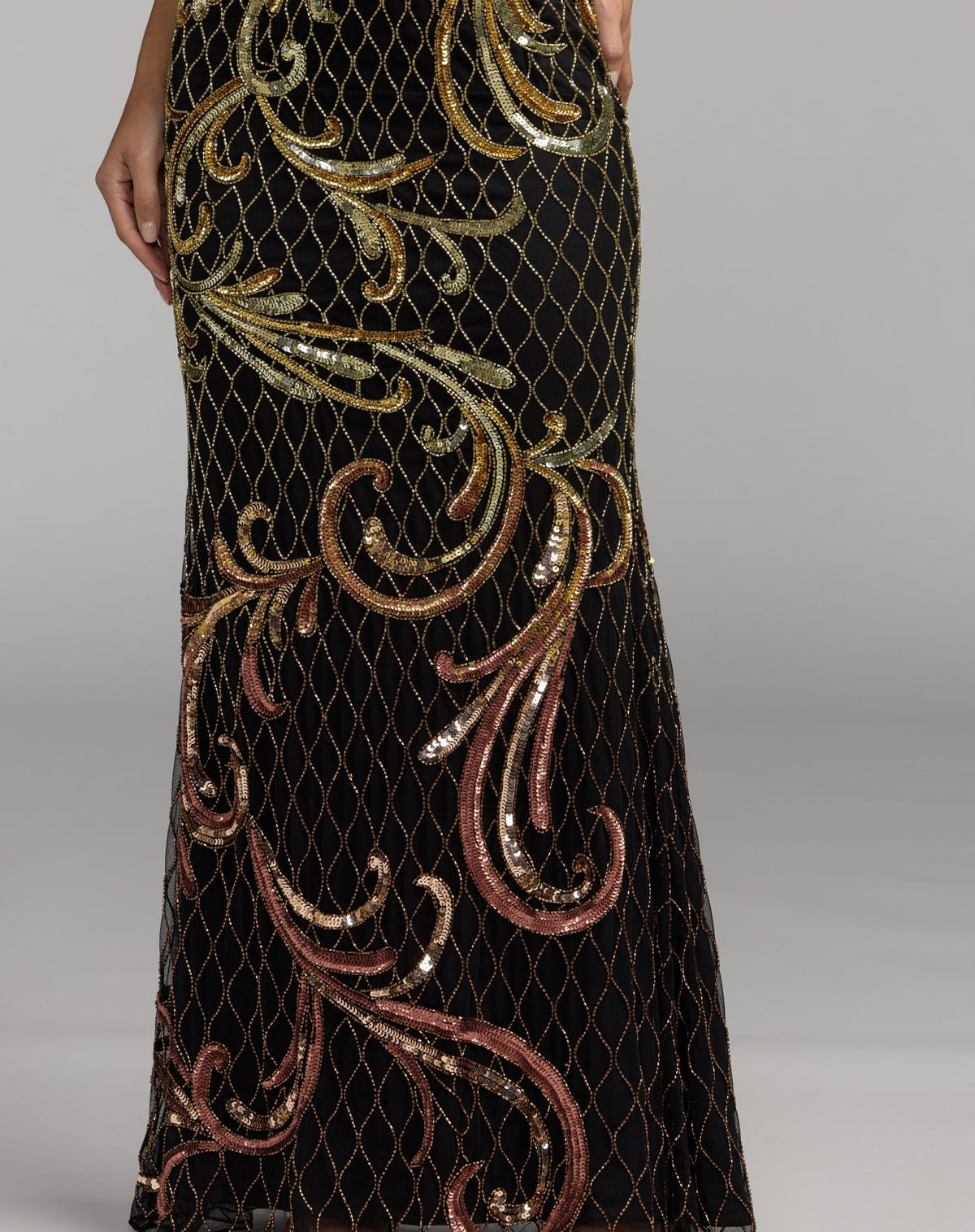Black and Gold Beaded High Neck Column Gown - Mac Duggal
