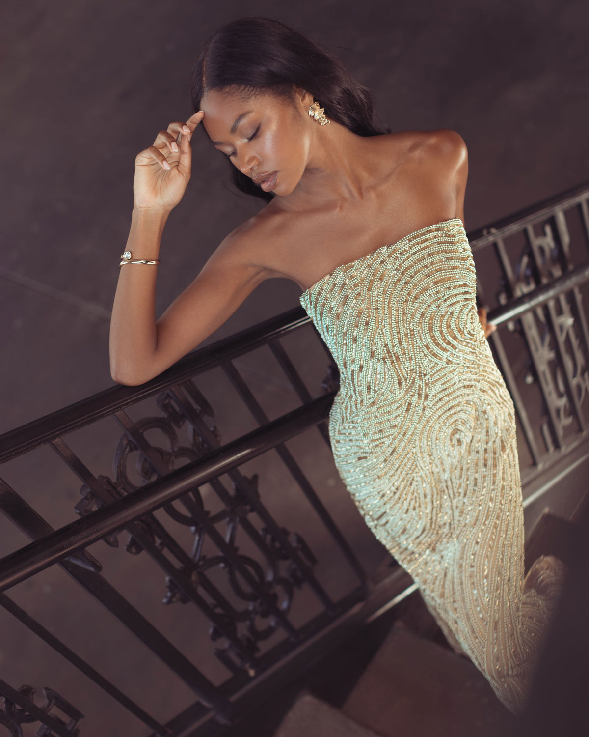 Golden Pearl Embellished Strapless Column Gown - Mac Duggal