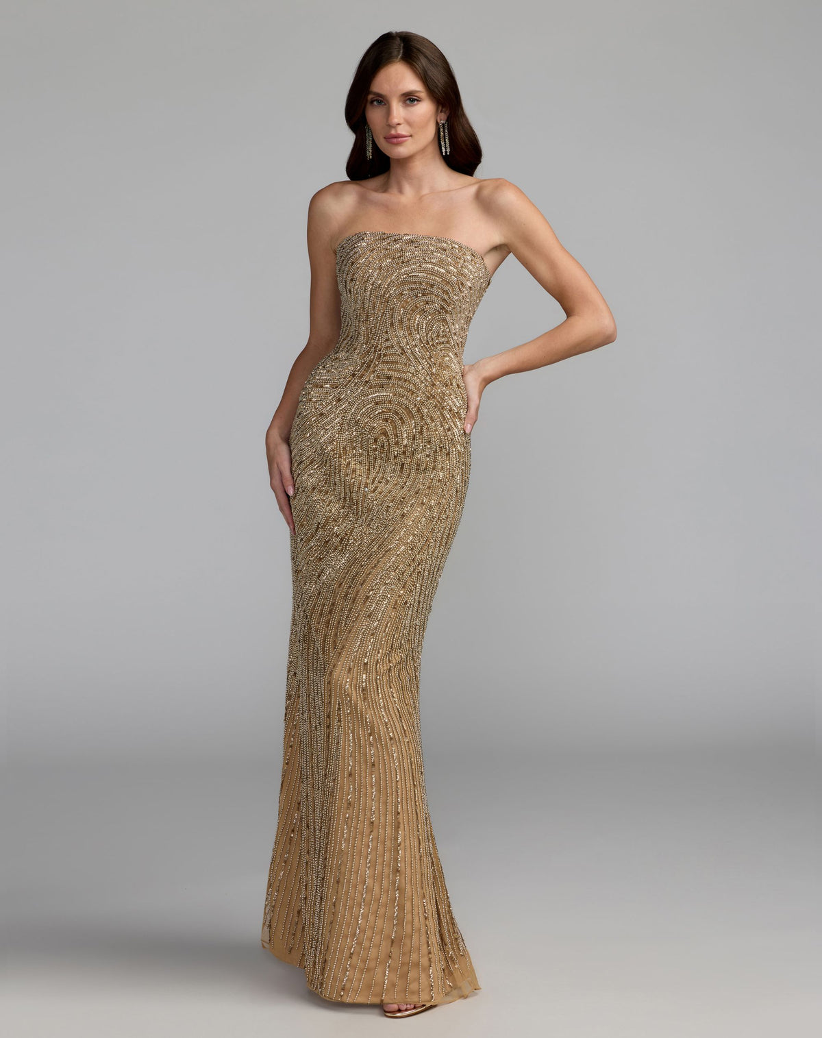 Golden Pearl Embellished Strapless Column Gown - Mac Duggal
