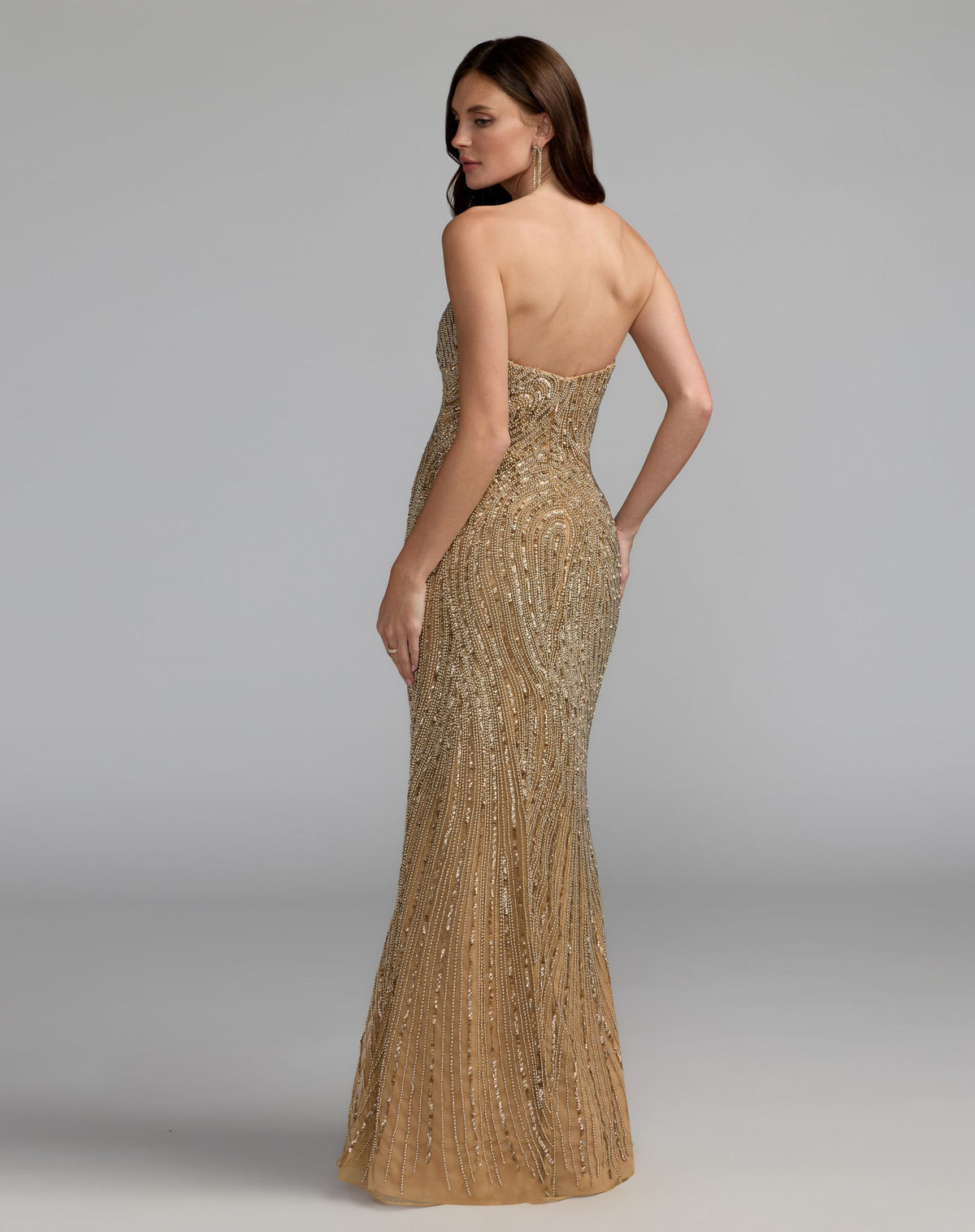 Golden Pearl Embellished Strapless Column Gown - Mac Duggal