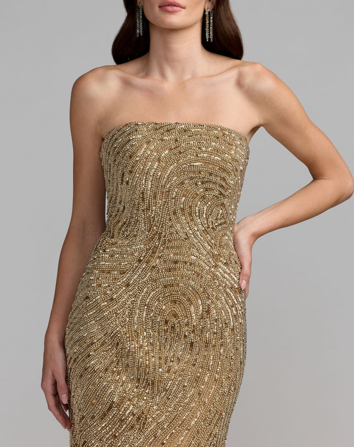 Golden Pearl Embellished Strapless Column Gown - Mac Duggal