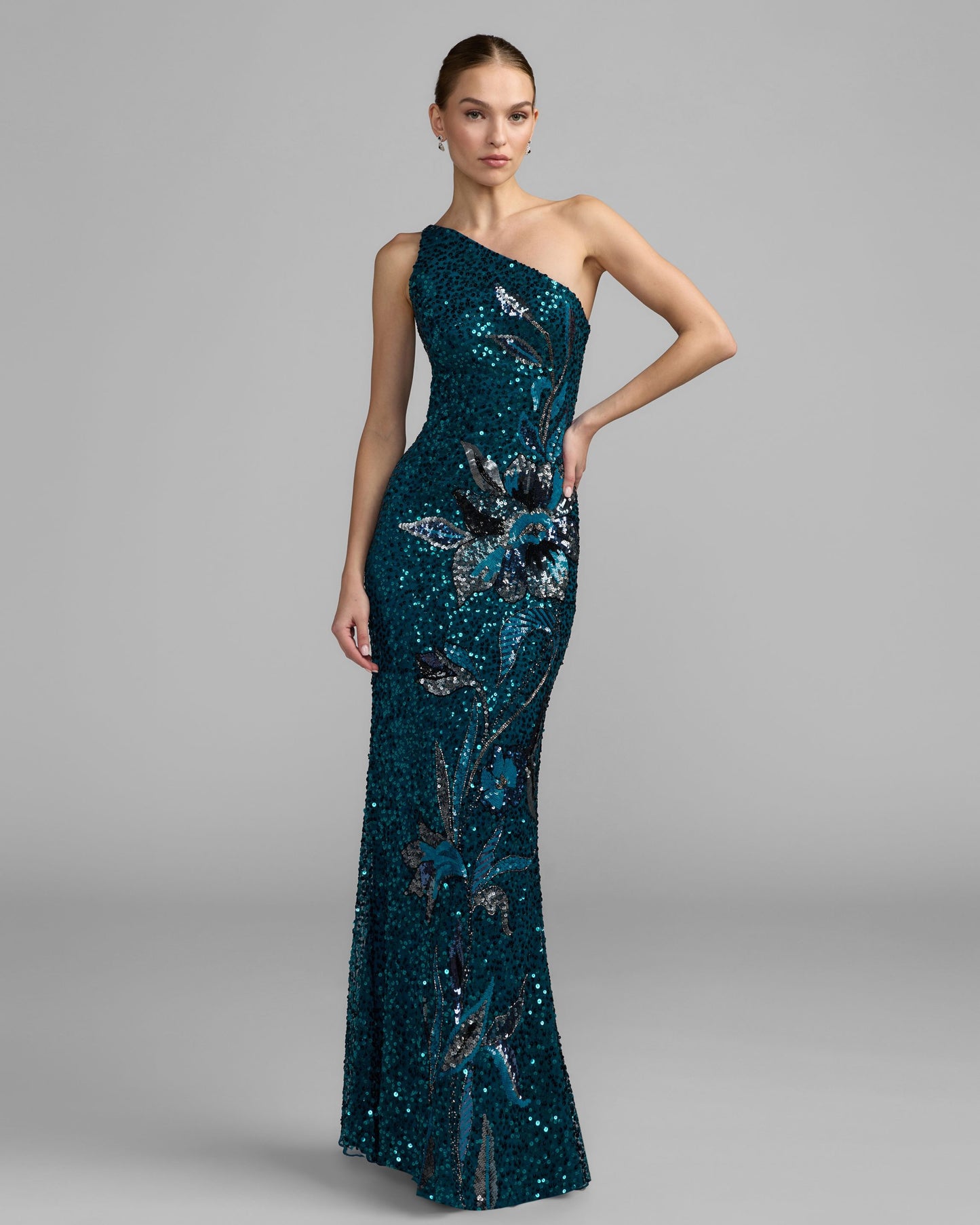 Teal Floral Sequin One Shoulder Gown Mac Duggal