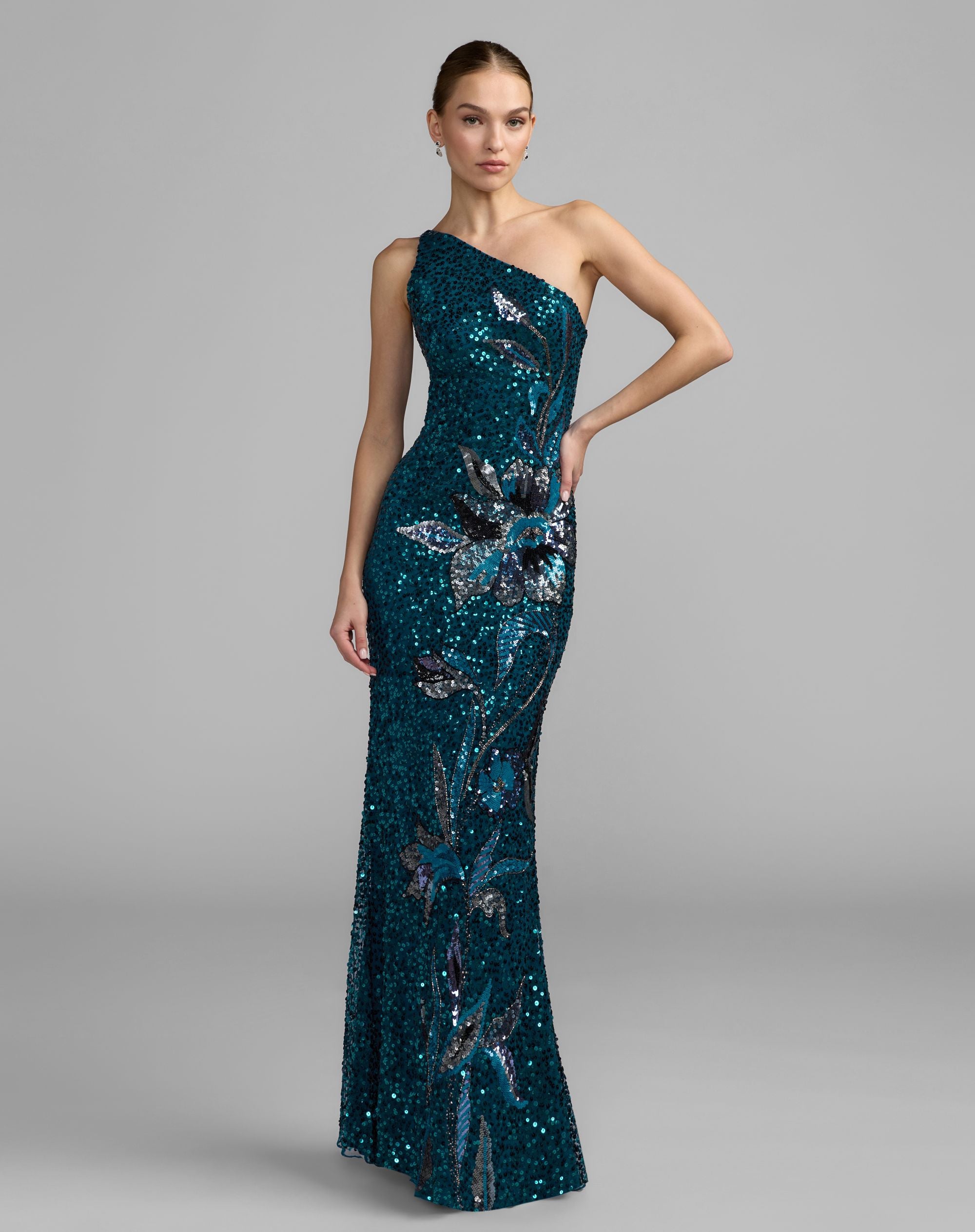 Teal Floral Sequin One Shoulder Gown Mac Duggal