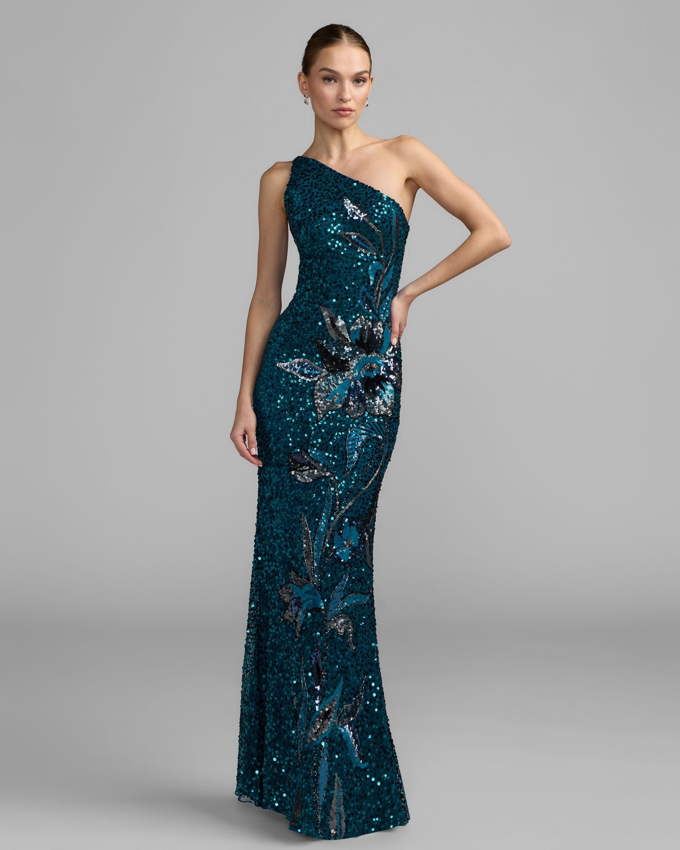 Teal Floral Sequin One Shoulder Gown Mac Duggal