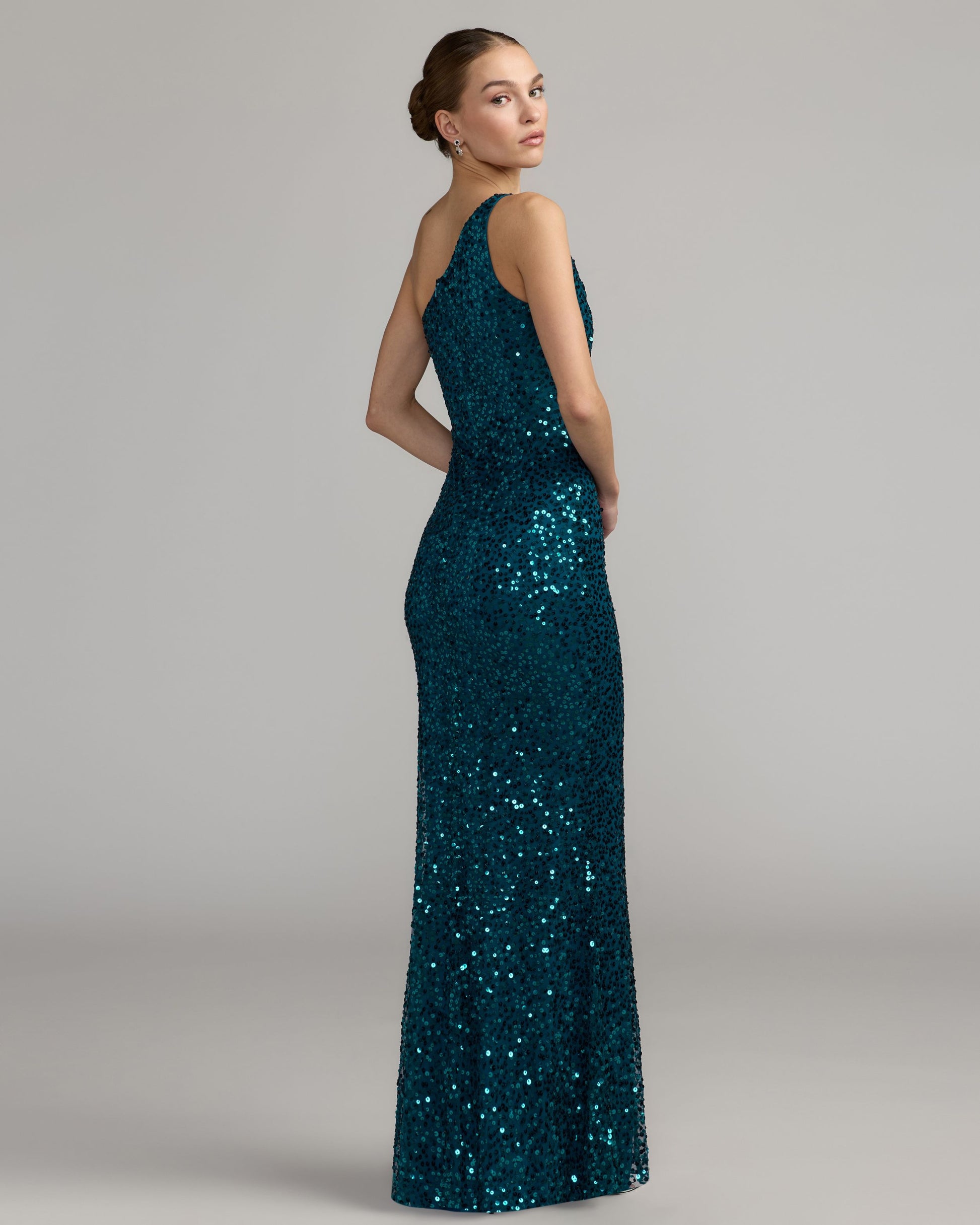 Teal Floral Sequin One Shoulder Gown Mac Duggal