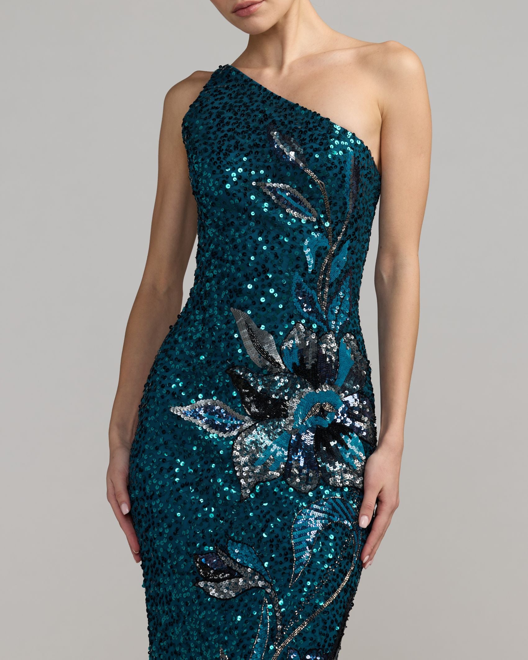 Teal Floral Sequin One Shoulder Gown Mac Duggal