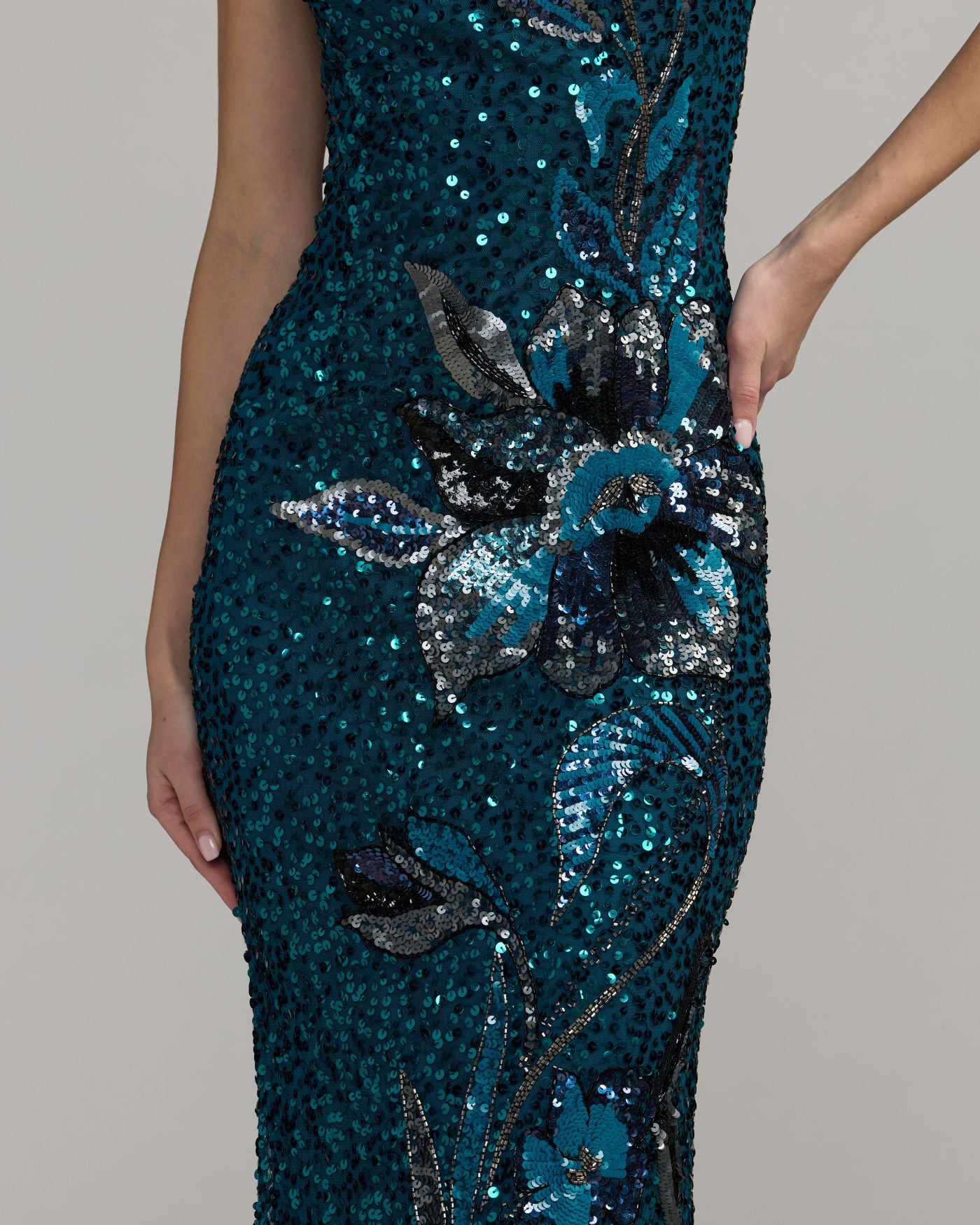 Teal Floral Sequin One Shoulder Gown Mac Duggal