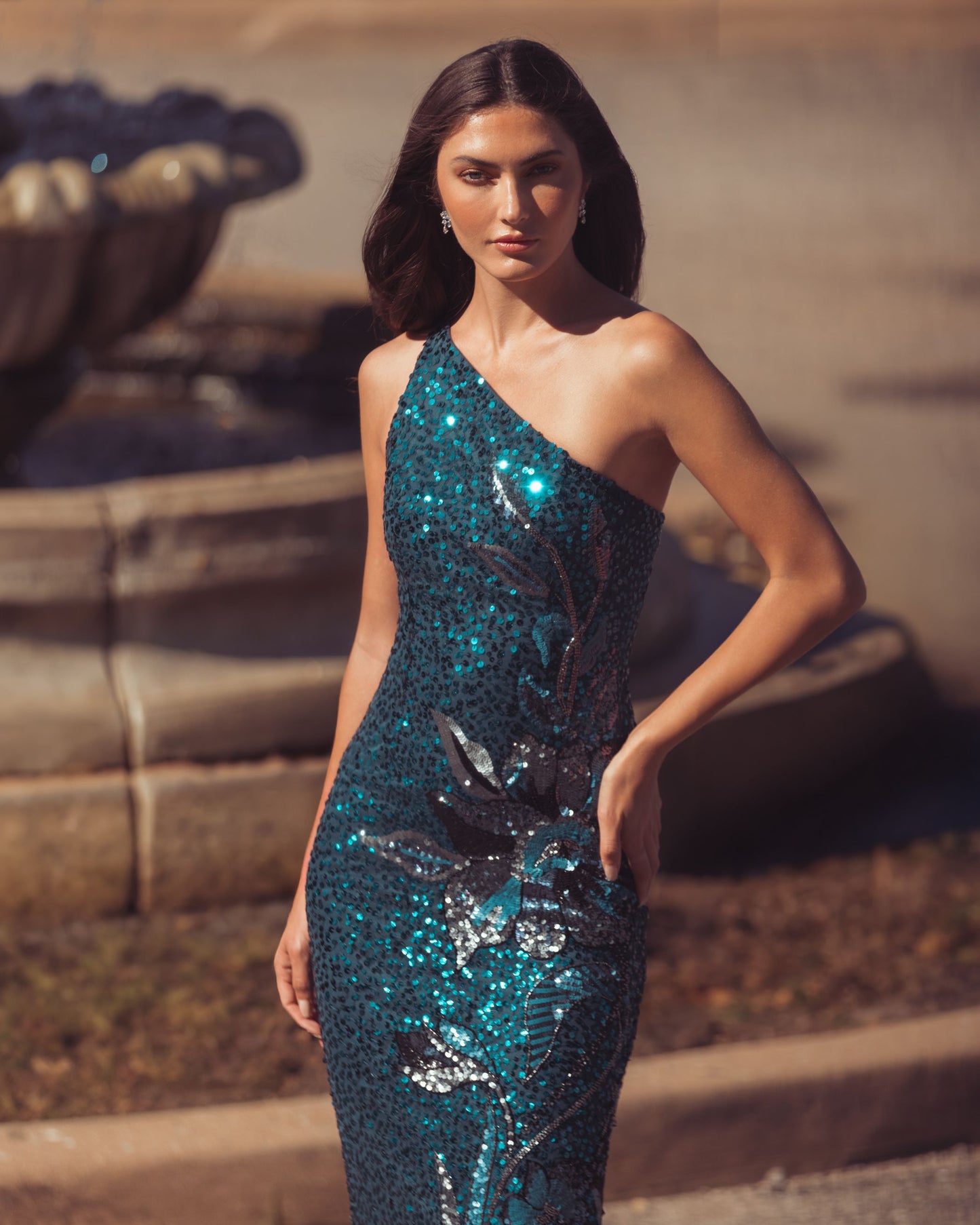 Teal Floral Sequin One Shoulder Gown Mac Duggal