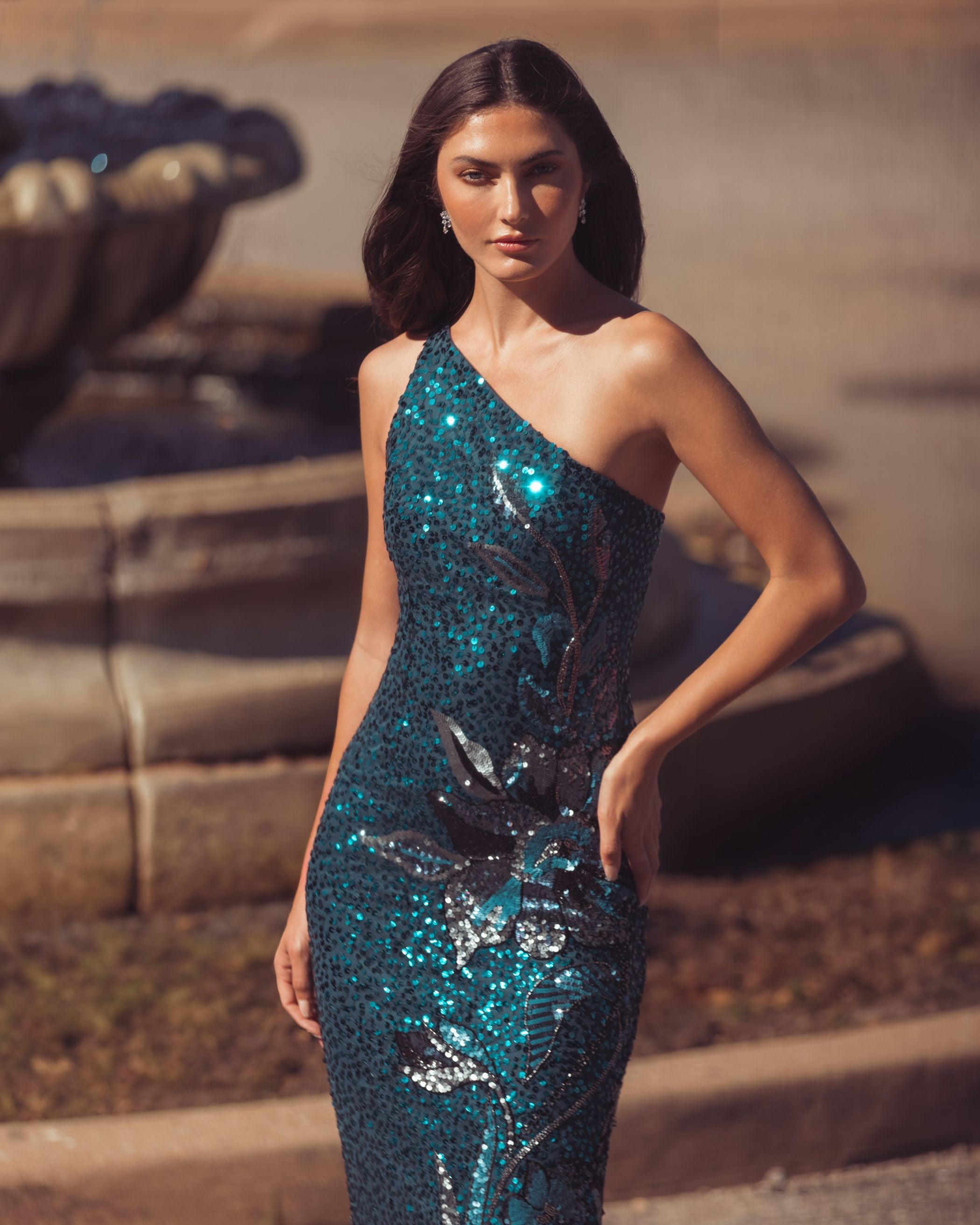 Teal Floral Sequin One Shoulder Gown Mac Duggal