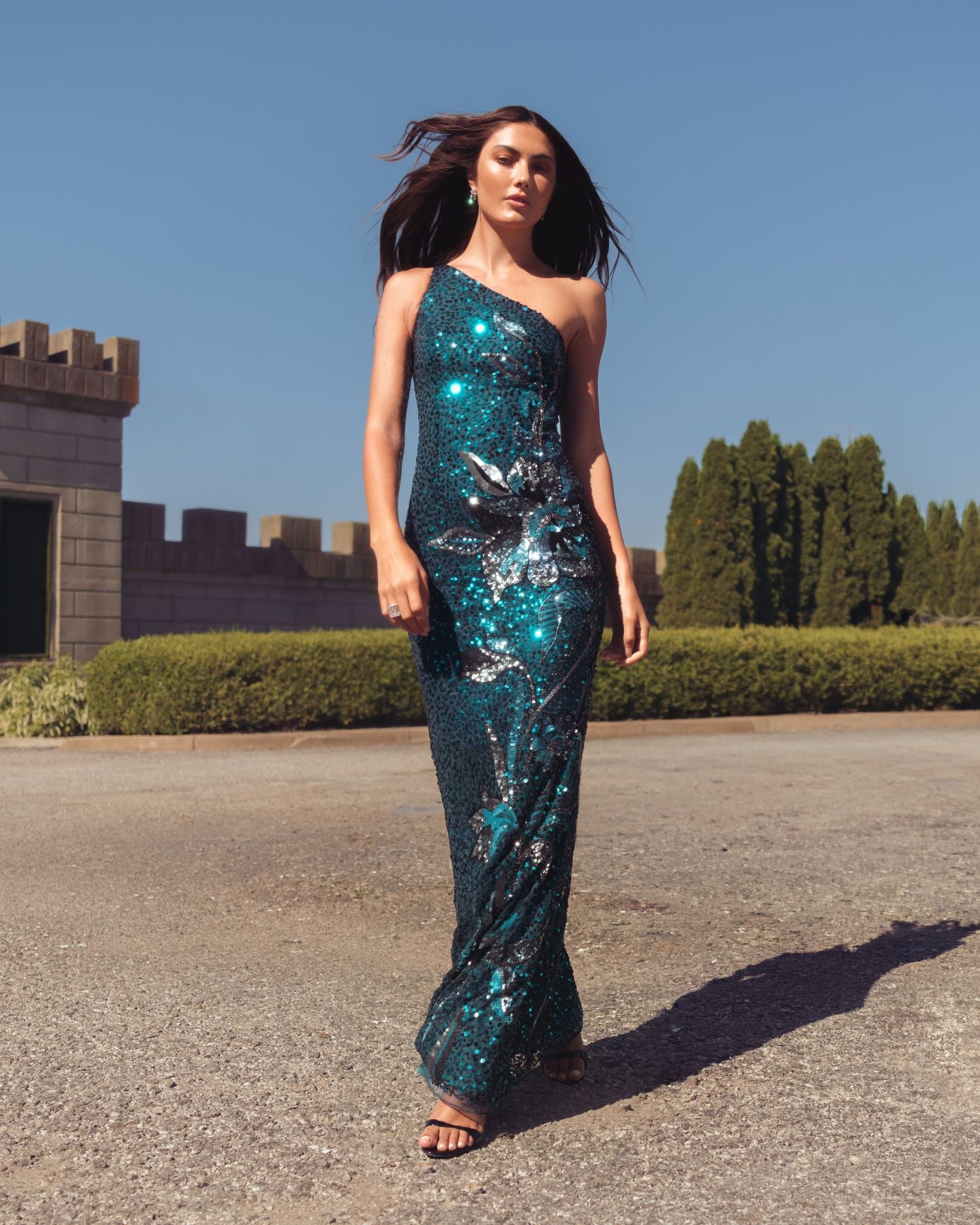 Teal Floral Sequin One Shoulder Gown Mac Duggal