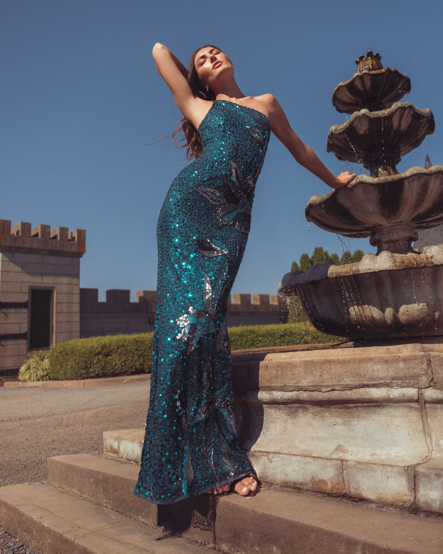 Teal Floral Sequin One Shoulder Gown Mac Duggal