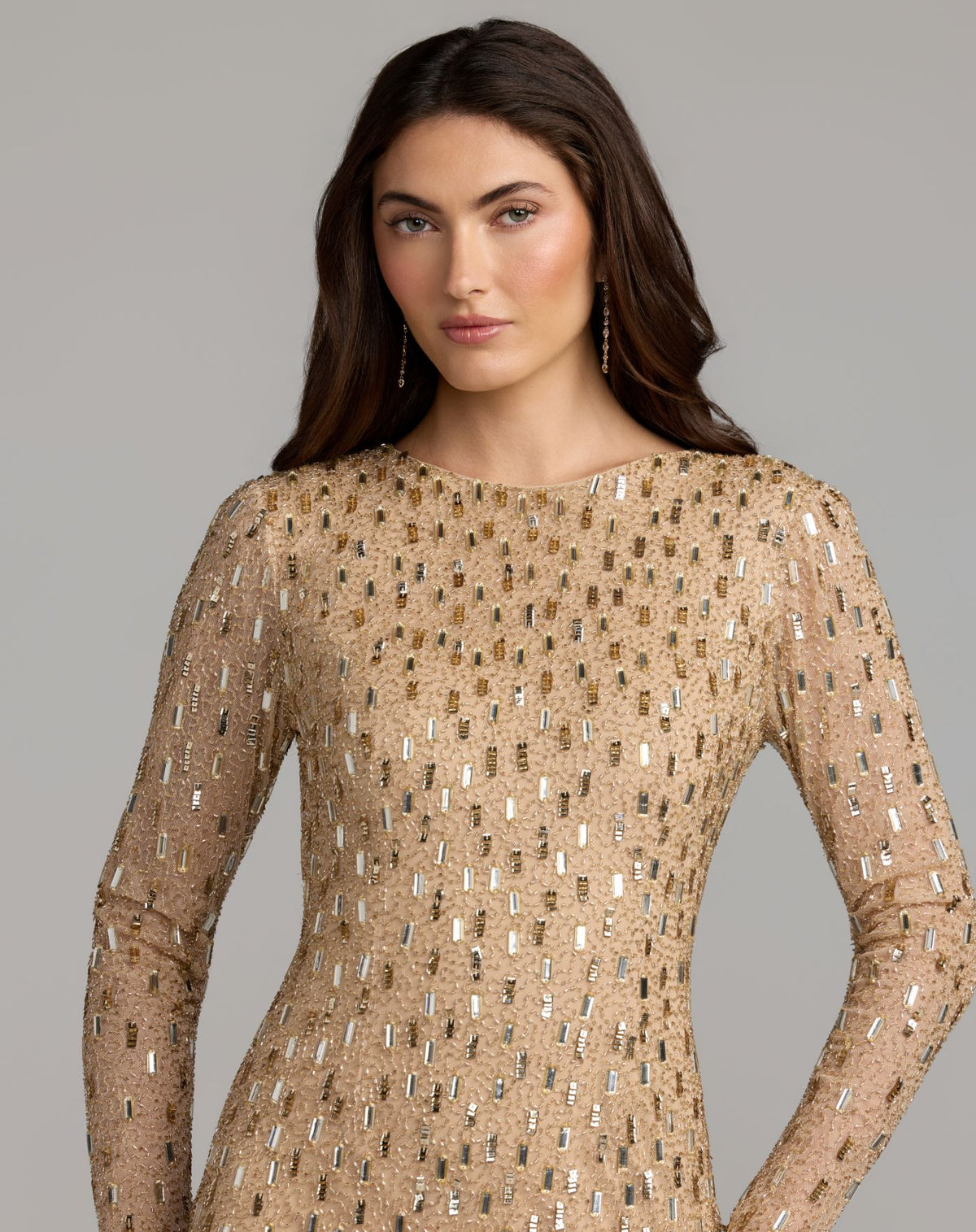 Nude Embellished Long Sleeve Fringe Mini Dress - Mac Duggal