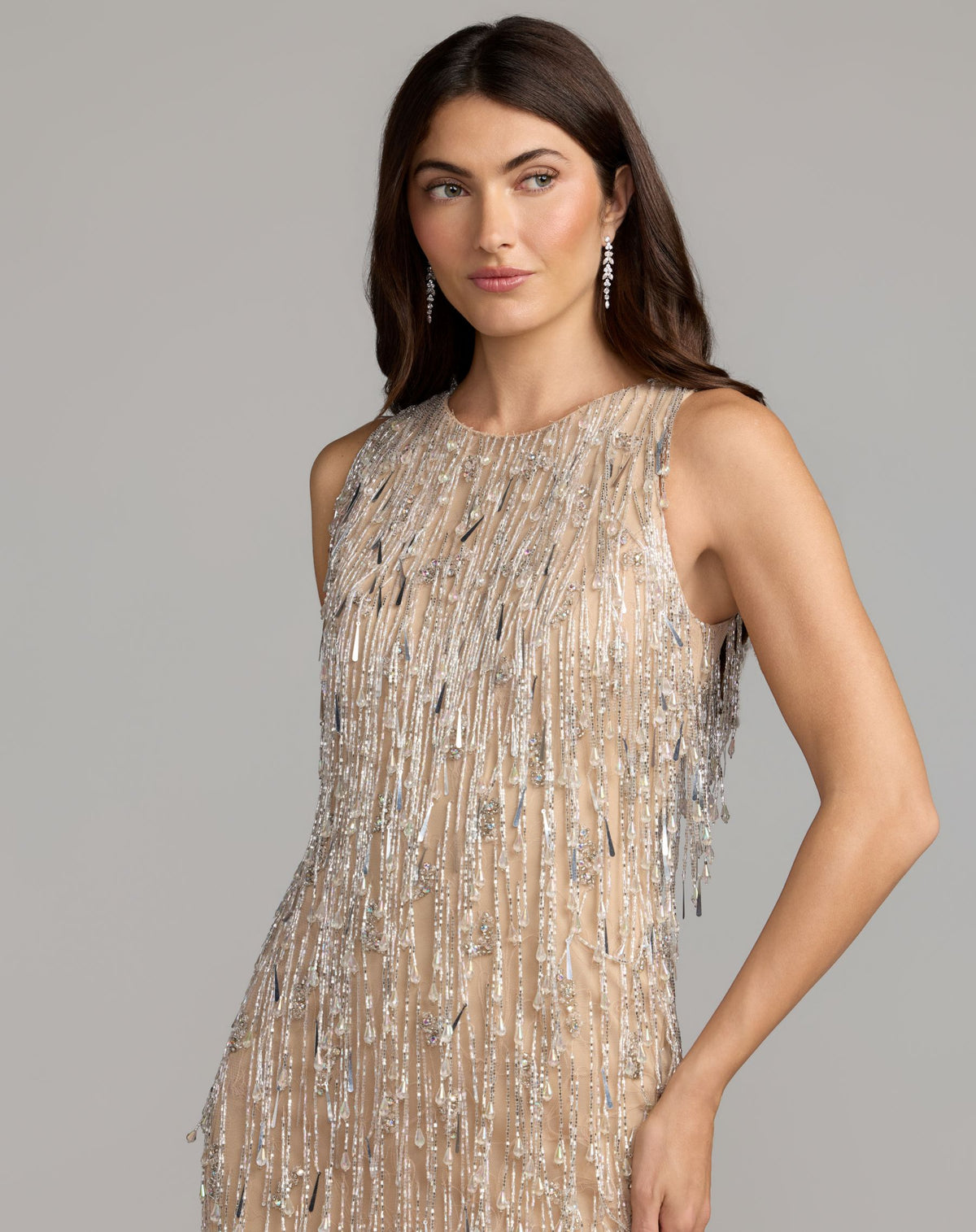 Nude Beaded Fringe Sleeveless Mini Dress - Mac Duggal