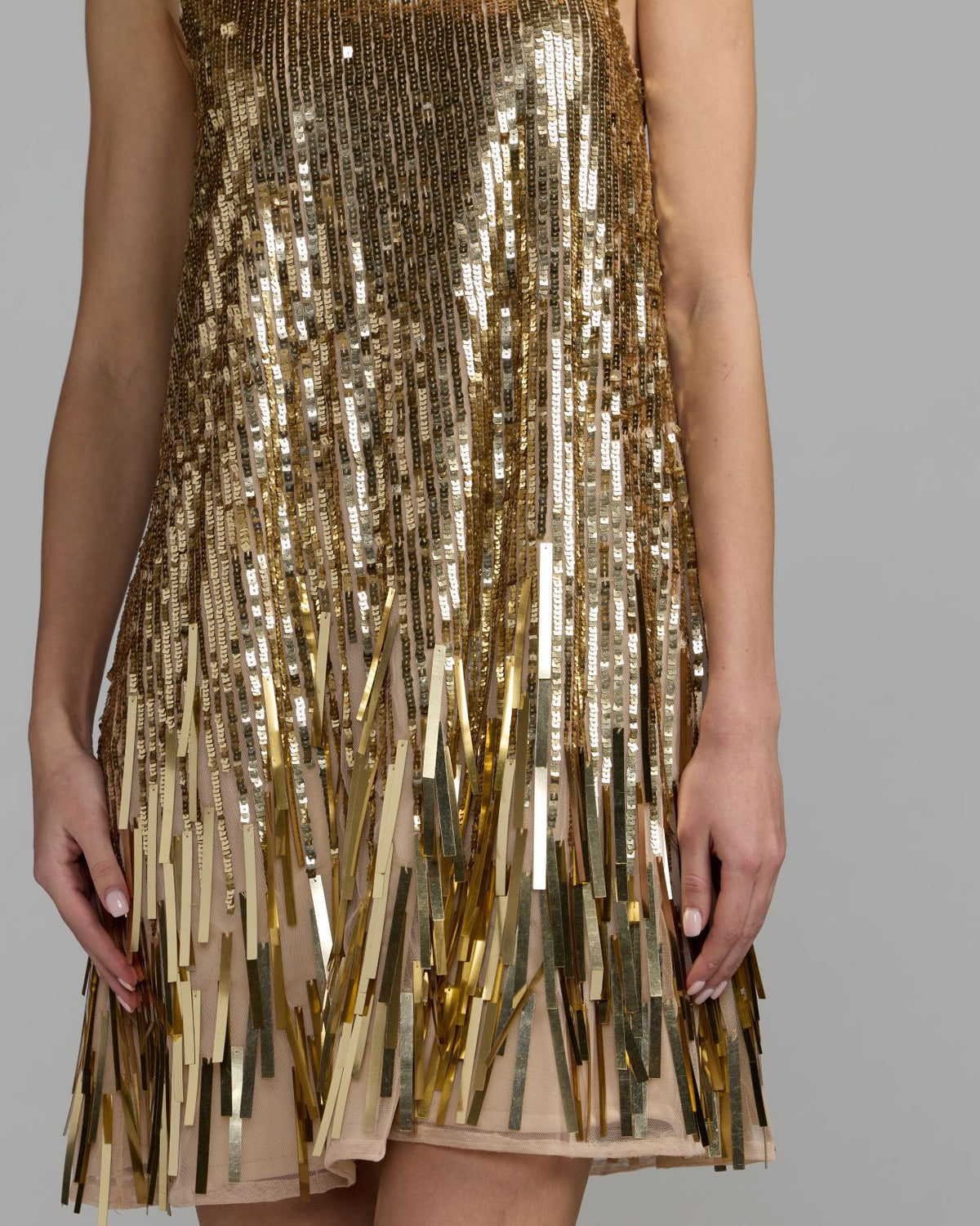 Gold Sequin Fringe Shift Mini Dress Mac Duggal