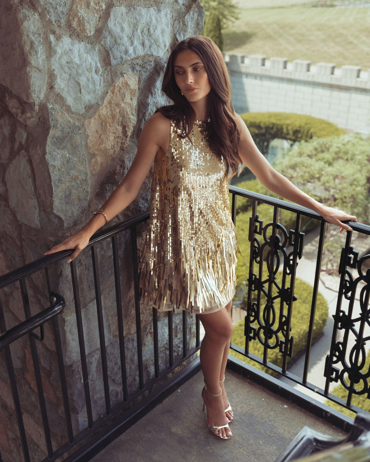 Gold Sequin Fringe Shift Mini Dress Mac Duggal