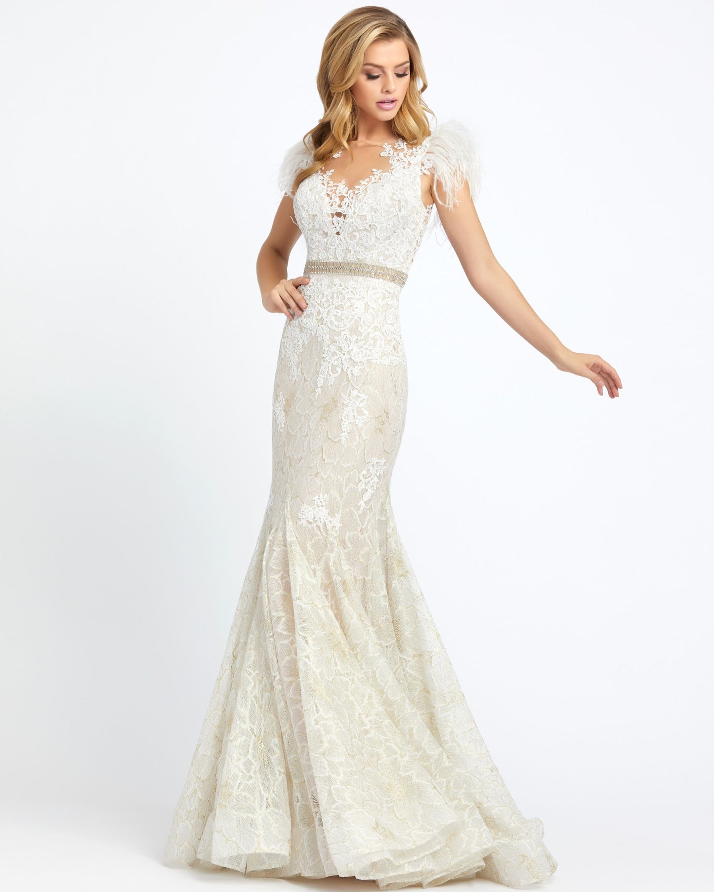 Embellished Feather Cap Sleeve Illusion Neck Trumpet Gown