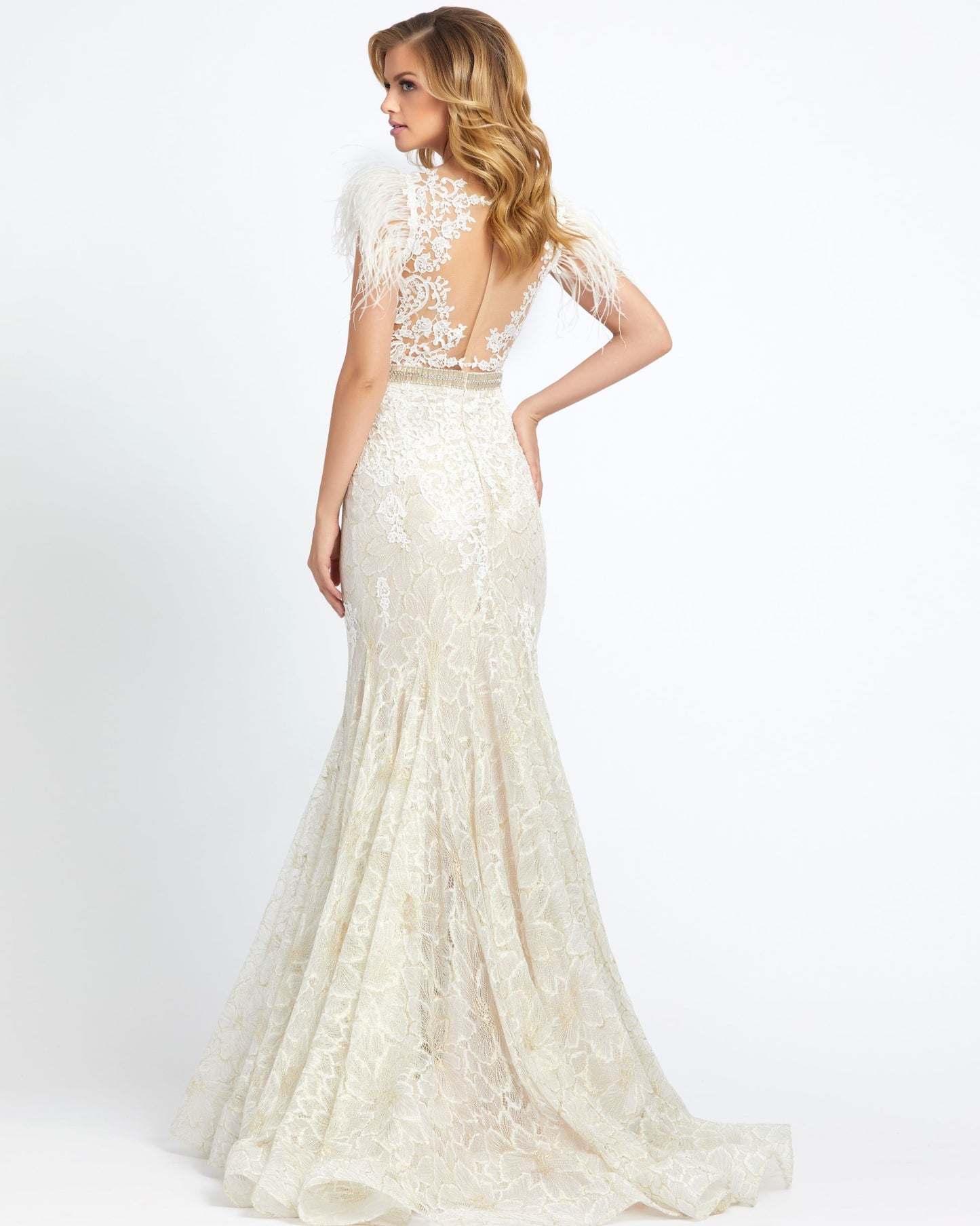 Embellished Feather Cap Sleeve Illusion Neck Trumpet Gown