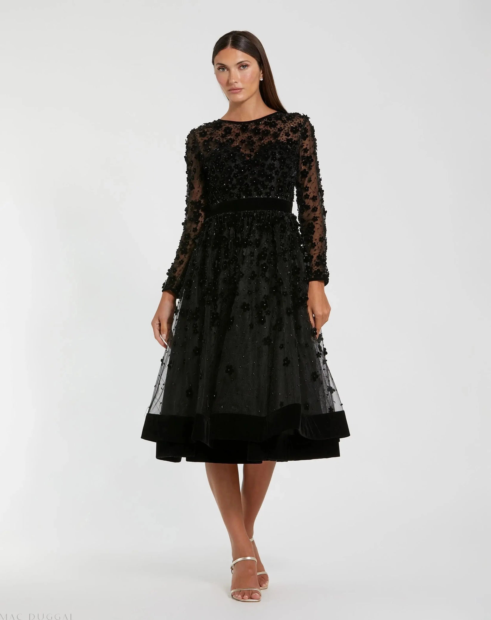 Black Embellished Long Sleeve Velvet Trim A-Line Midi Dress