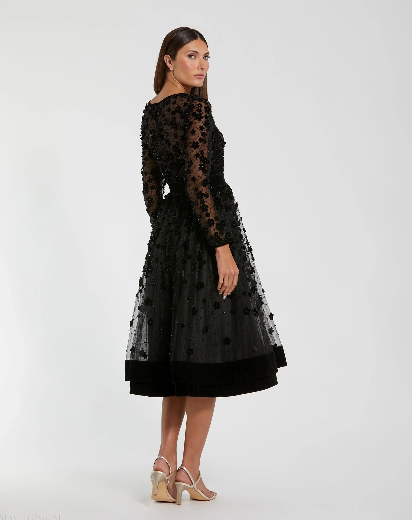 Black Embellished Long Sleeve Velvet Trim A-Line Midi Dress