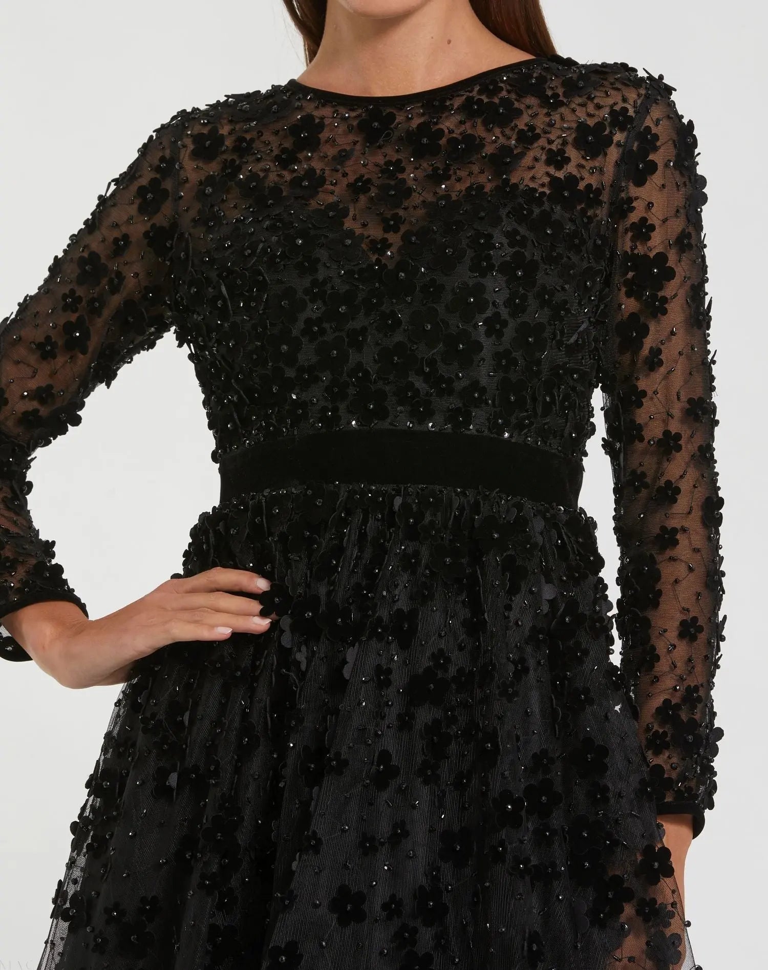 Black Embellished Long Sleeve Velvet Trim A-Line Midi Dress | Mac Duggal Black Embellished Long Sleeve Velvet Trim A-Line Midi Dress | Mac Duggal