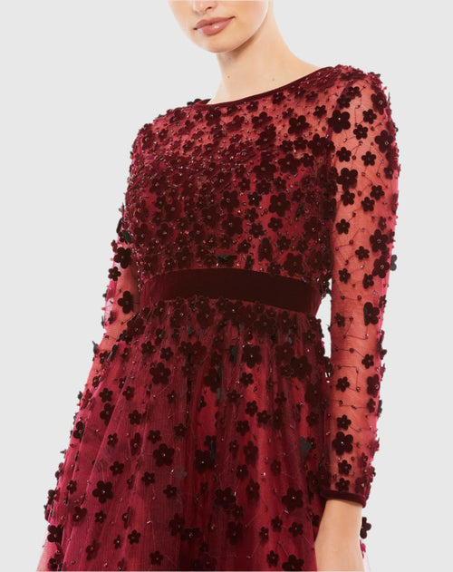 Red Embellished Illusion High Neck Long Sleeve Fit & Flare Dress