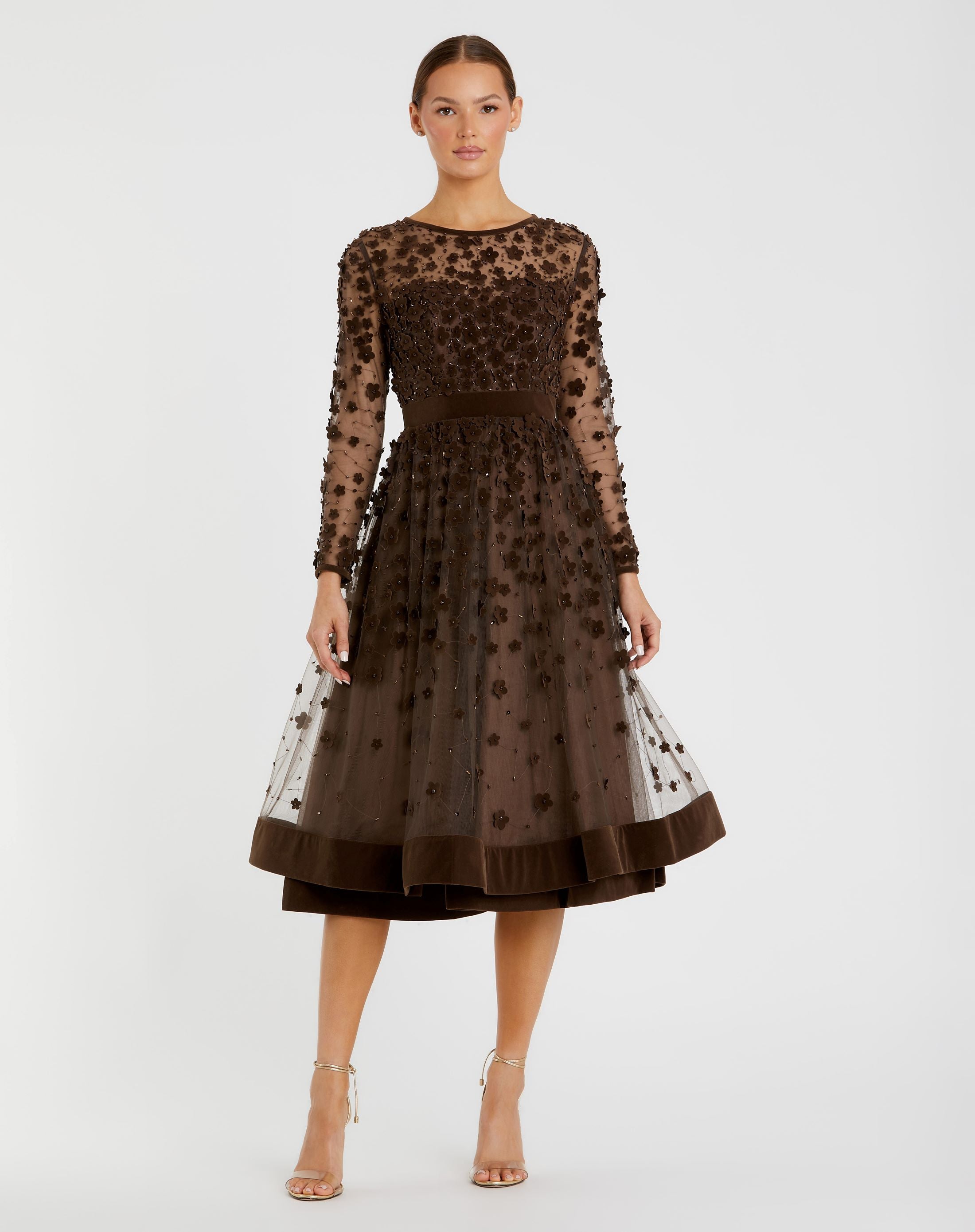 Embellished Illusion High Neck Long Sleeve Fit & Flare Dress