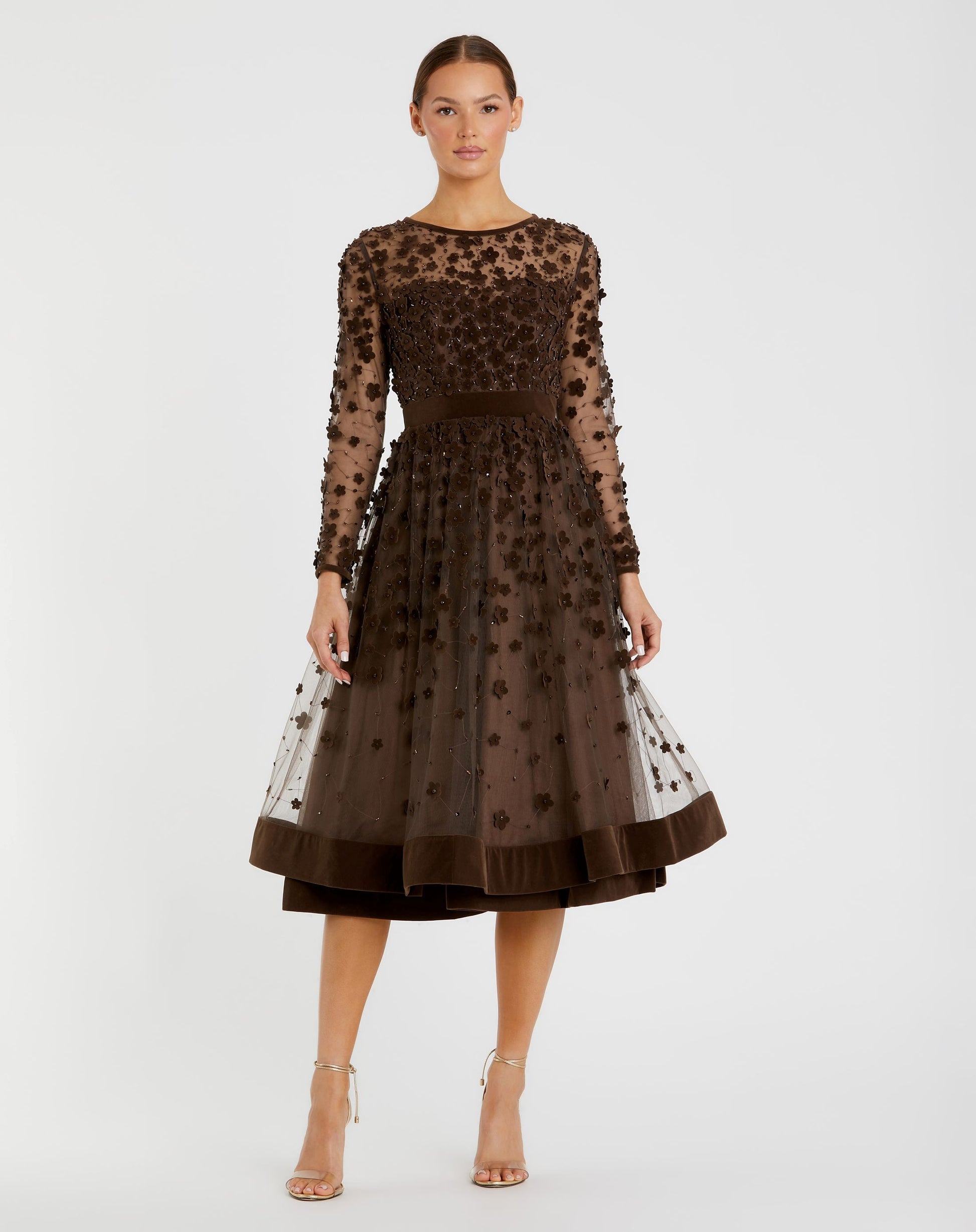 Embellished Illusion High Neck Long Sleeve Fit & Flare Dress