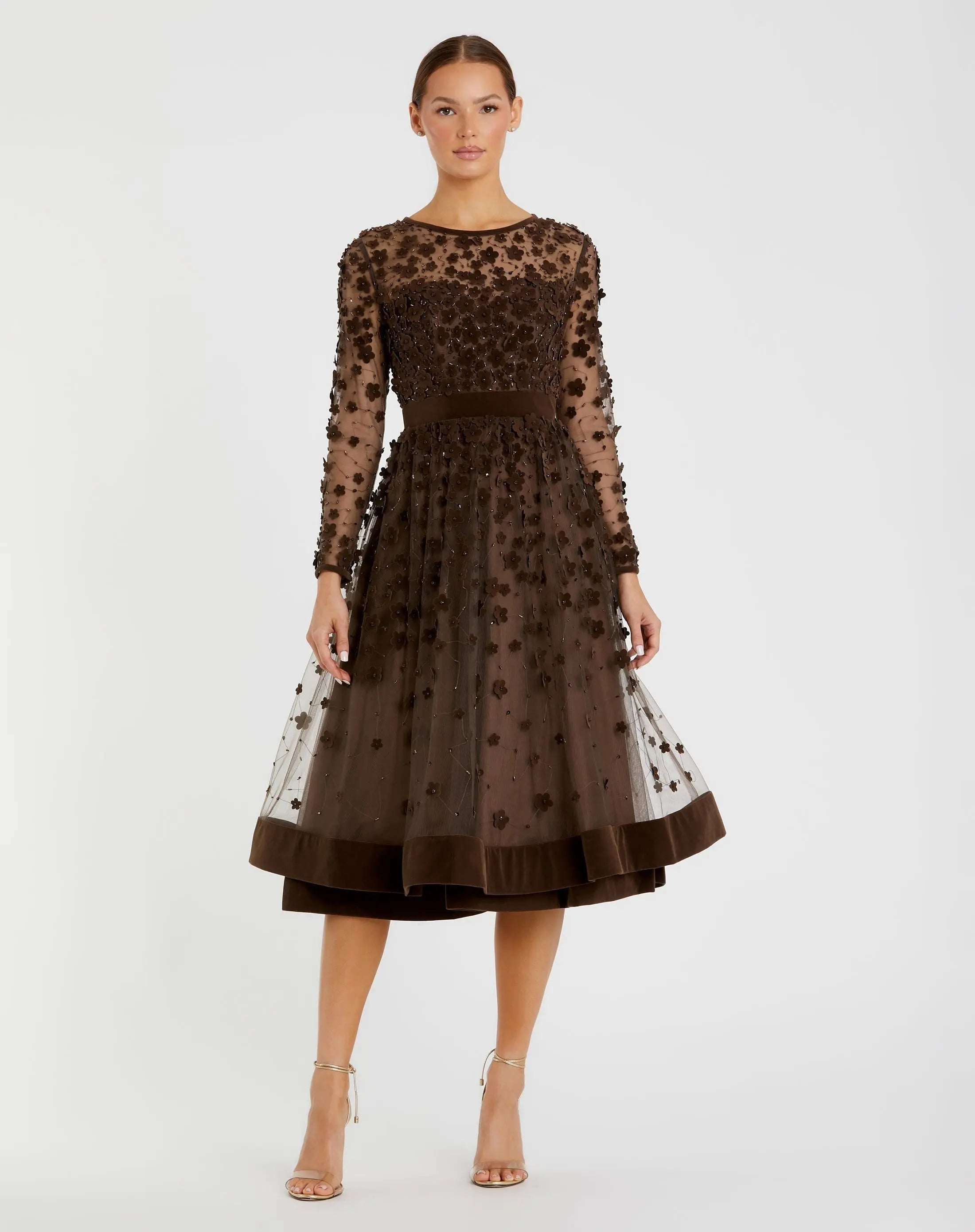 Brown Embellished Illusion High Neck Long Sleeve Fit & Flare Dress - Mac Duggal