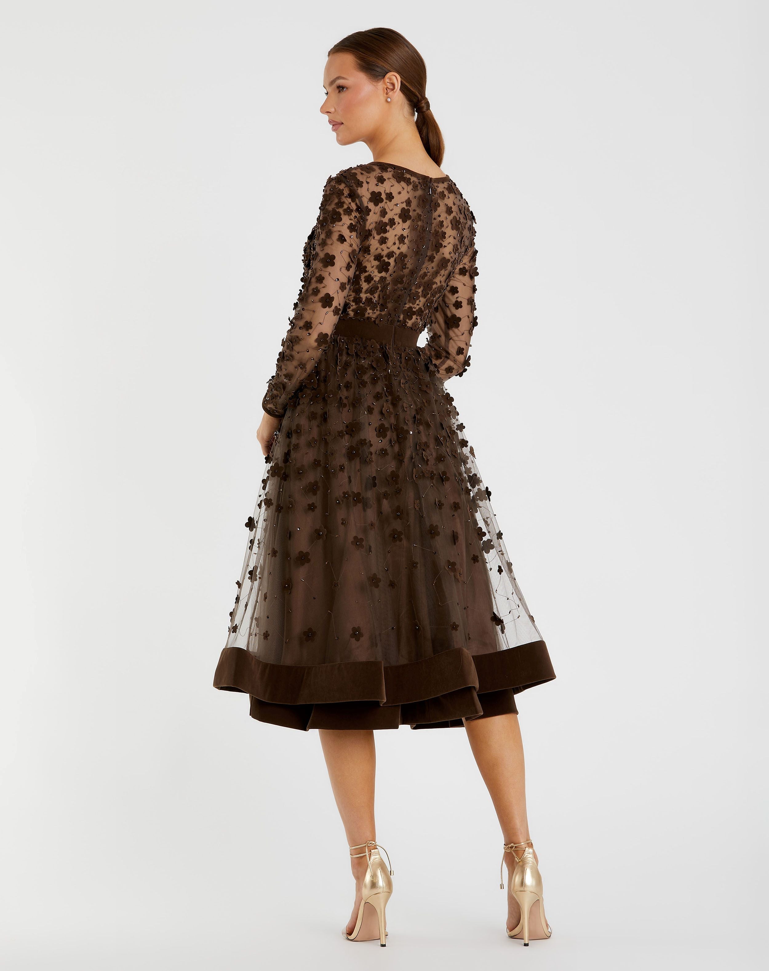 Brown Embellished Illusion High Neck Long Sleeve Fit & Flare Dress - Mac Duggal