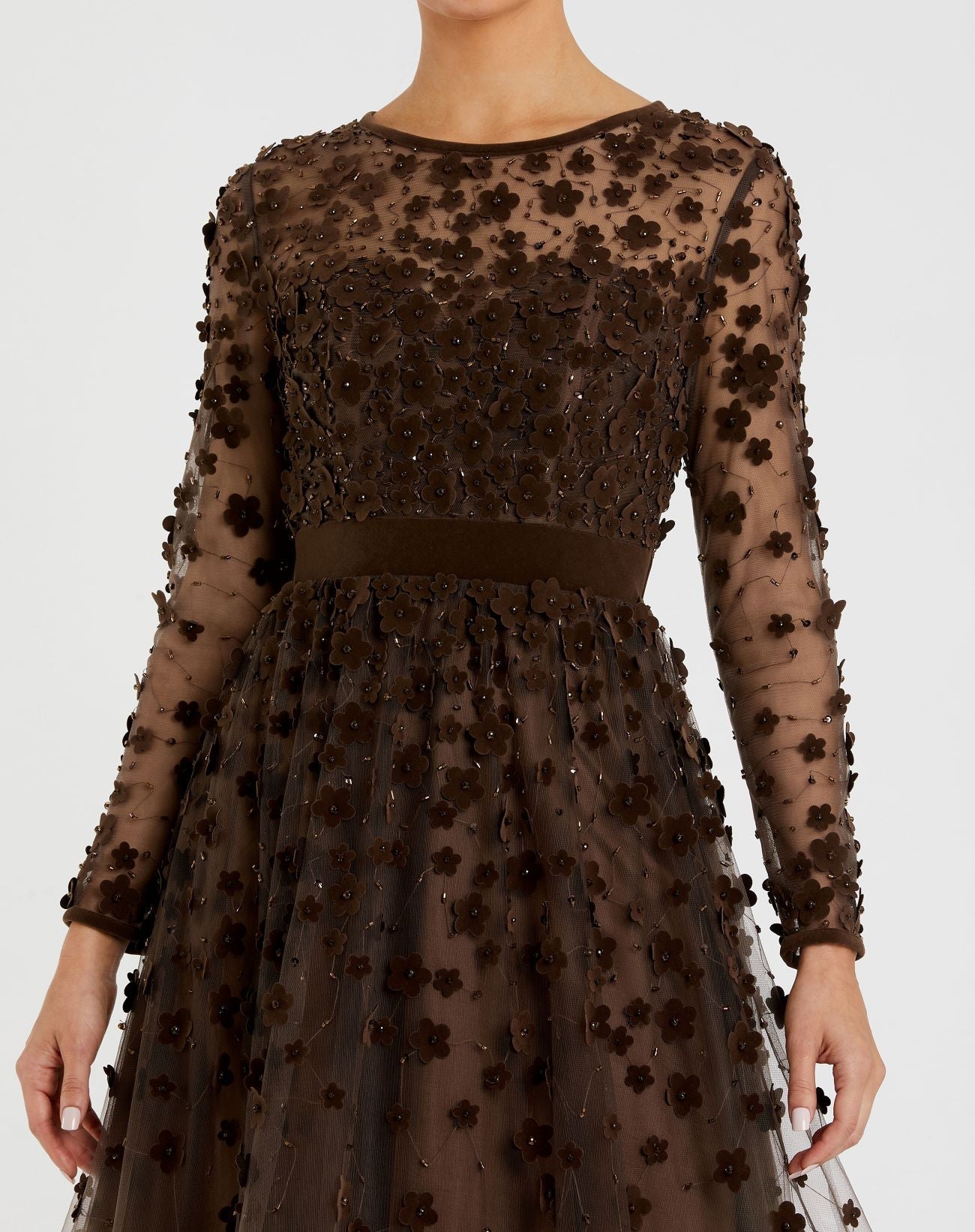 Brown Embellished Long Sleeve Velvet Trim A-Line Midi Dress | Mac Duggal Brown Embellished Long Sleeve Velvet Trim A-Line Midi Dress | Mac Duggal