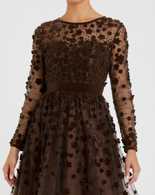 Embellished Illusion High Neck Long Sleeve Fit & Flare Dress