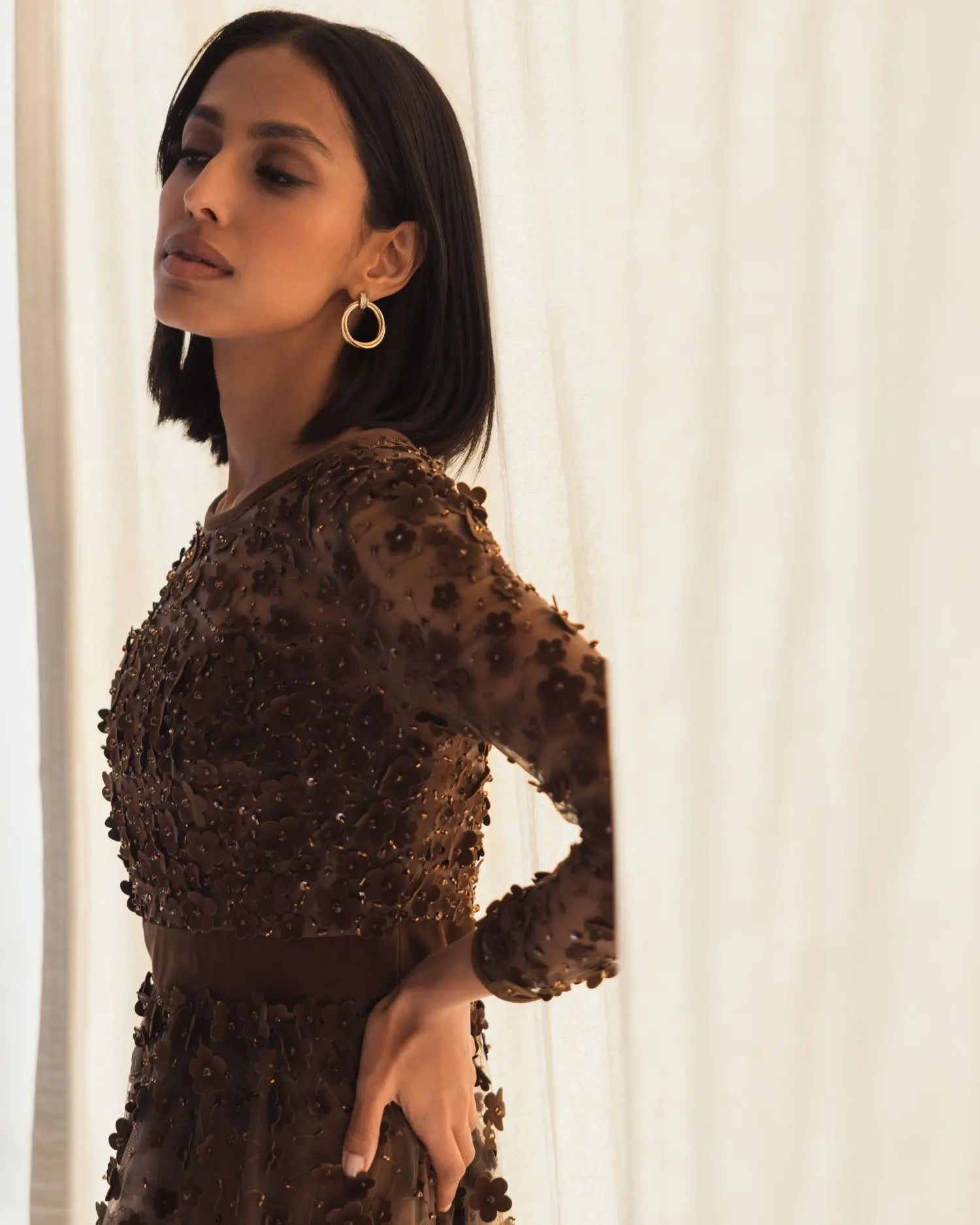 Brown Velvet Embellished Illusion Long Sleeve A-Line Midi Dress Mac Duggal