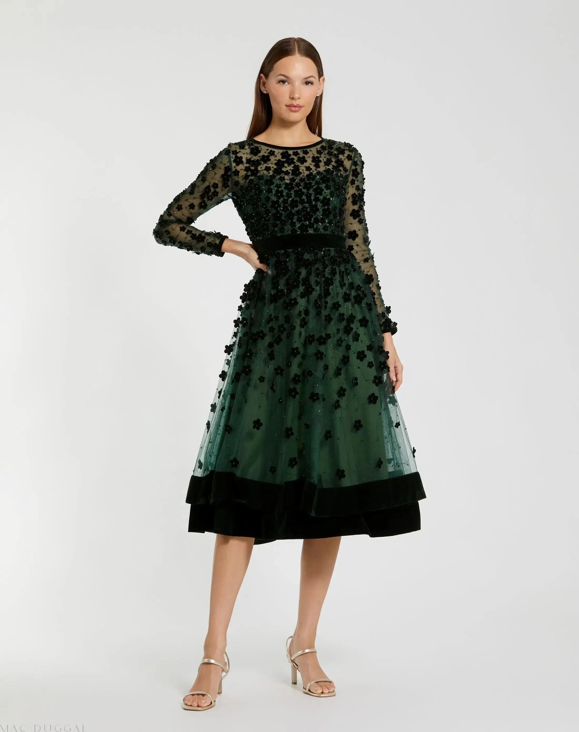 Green Velvet Embellished Illusion Long Sleeve A-Line Midi Dress | Mac Duggal Green Velvet Embellished Illusion Long Sleeve A-Line Midi Dress | Mac Duggal