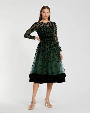 Green Velvet Embellished Illusion Long Sleeve A-Line Midi Dress | Mac Duggal Green Velvet Embellished Illusion Long Sleeve A-Line Midi Dress | Mac Duggal