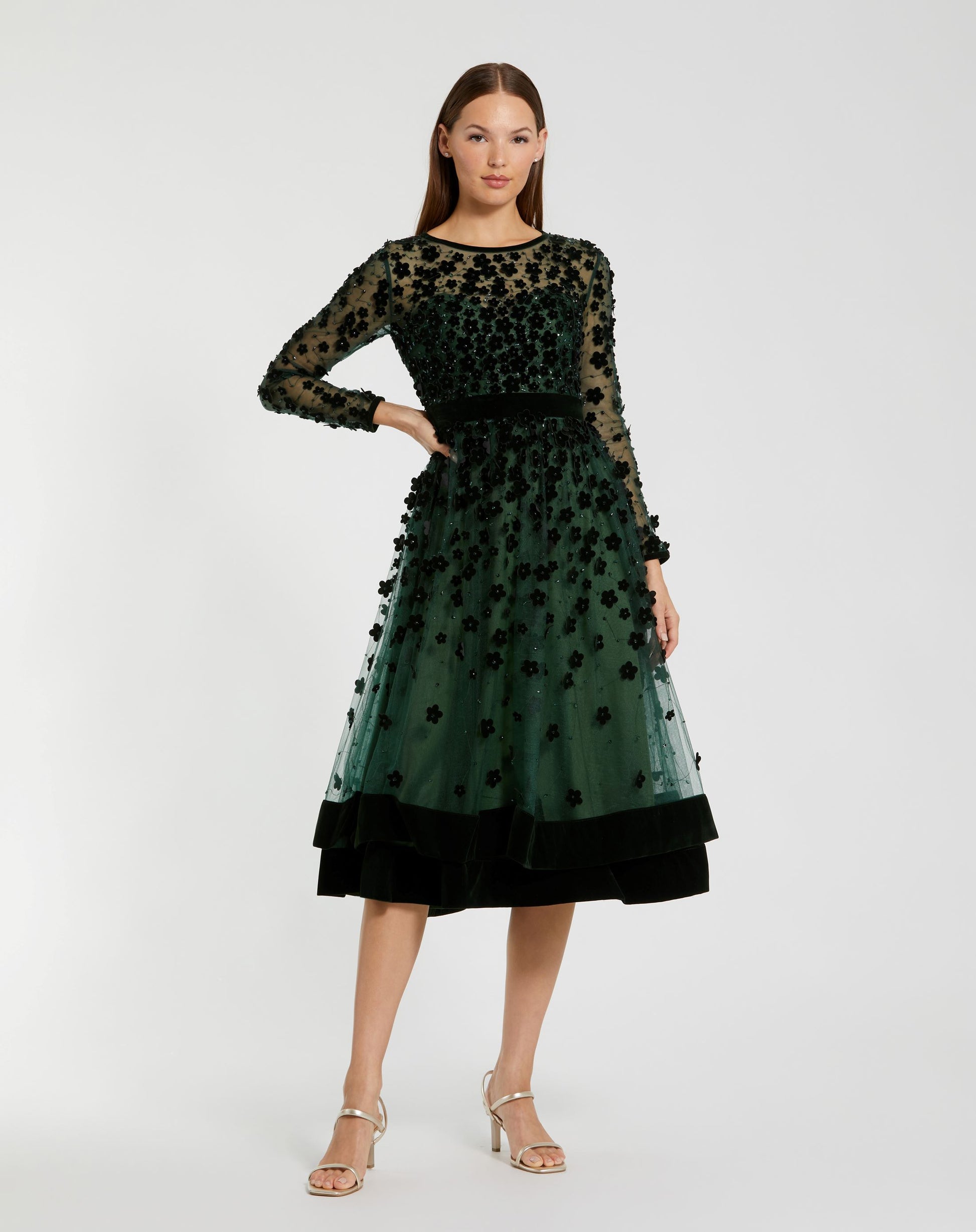 Embellished Illusion High Neck Long Sleeve Fit & Flare Dress