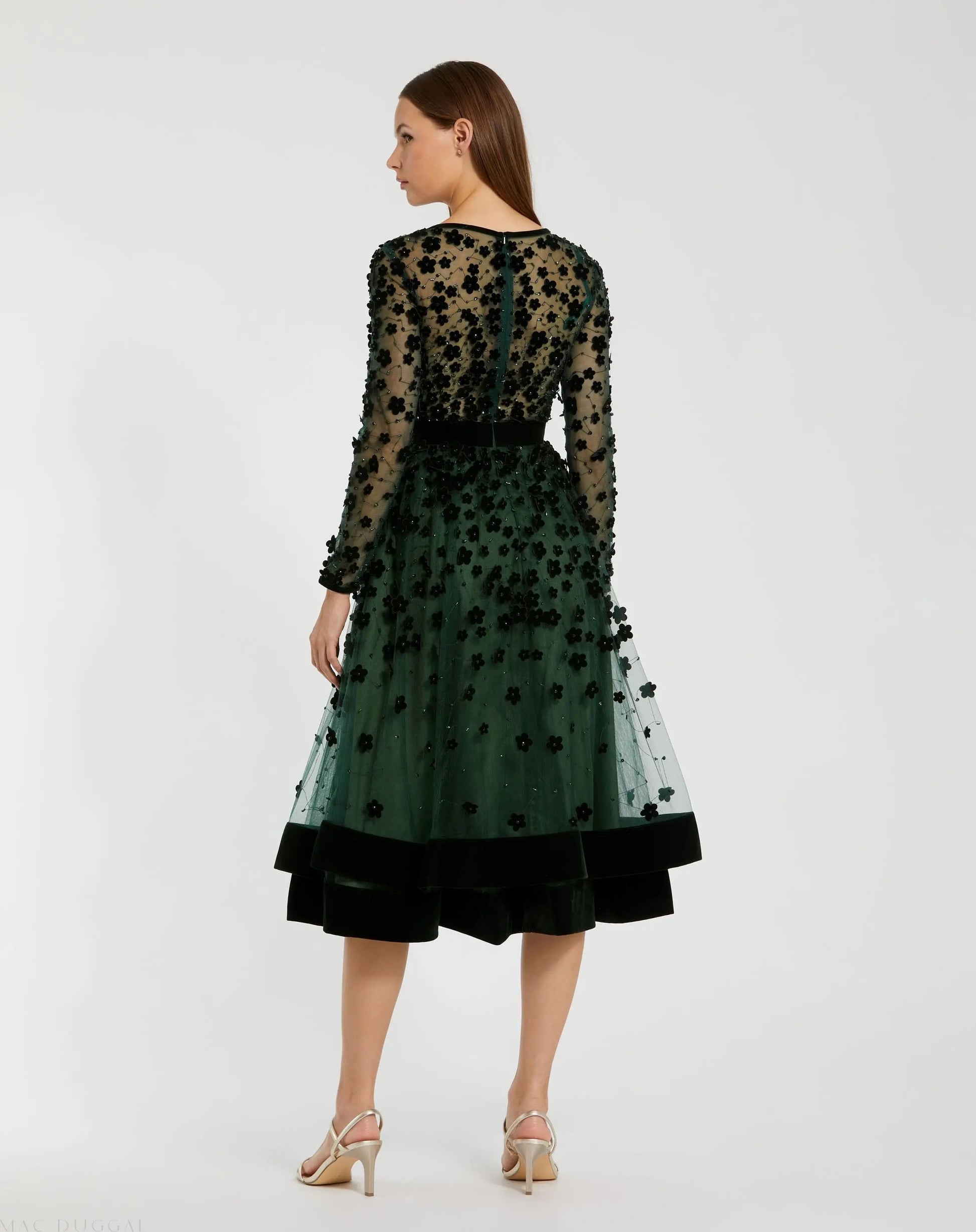 Green Velvet Embellished Illusion Long Sleeve A-Line Midi Dress | Mac Duggal Green Velvet Embellished Illusion Long Sleeve A-Line Midi Dress | Mac Duggal