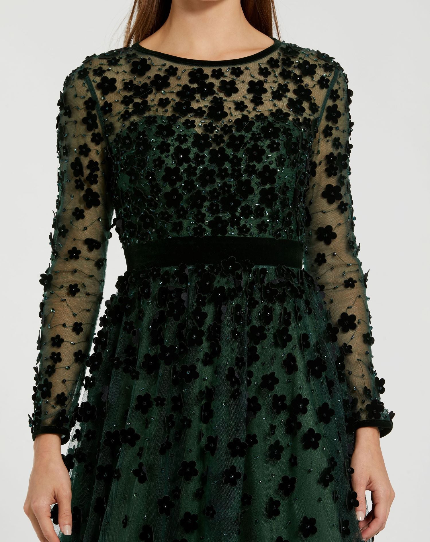 Embellished Illusion High Neck Long Sleeve Fit & Flare Dress