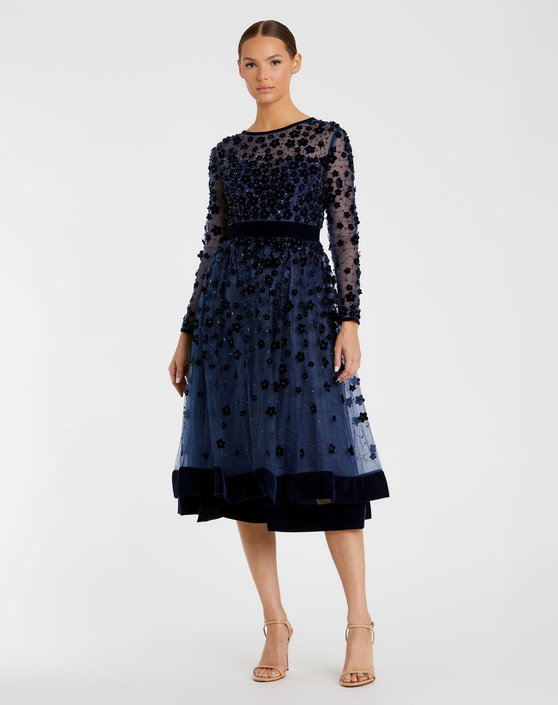 Navy Embellished Long Sleeve Velvet Trim A-Line Midi Dress | Mac Duggal Navy Embellished Long Sleeve Velvet Trim A-Line Midi Dress | Mac Duggal