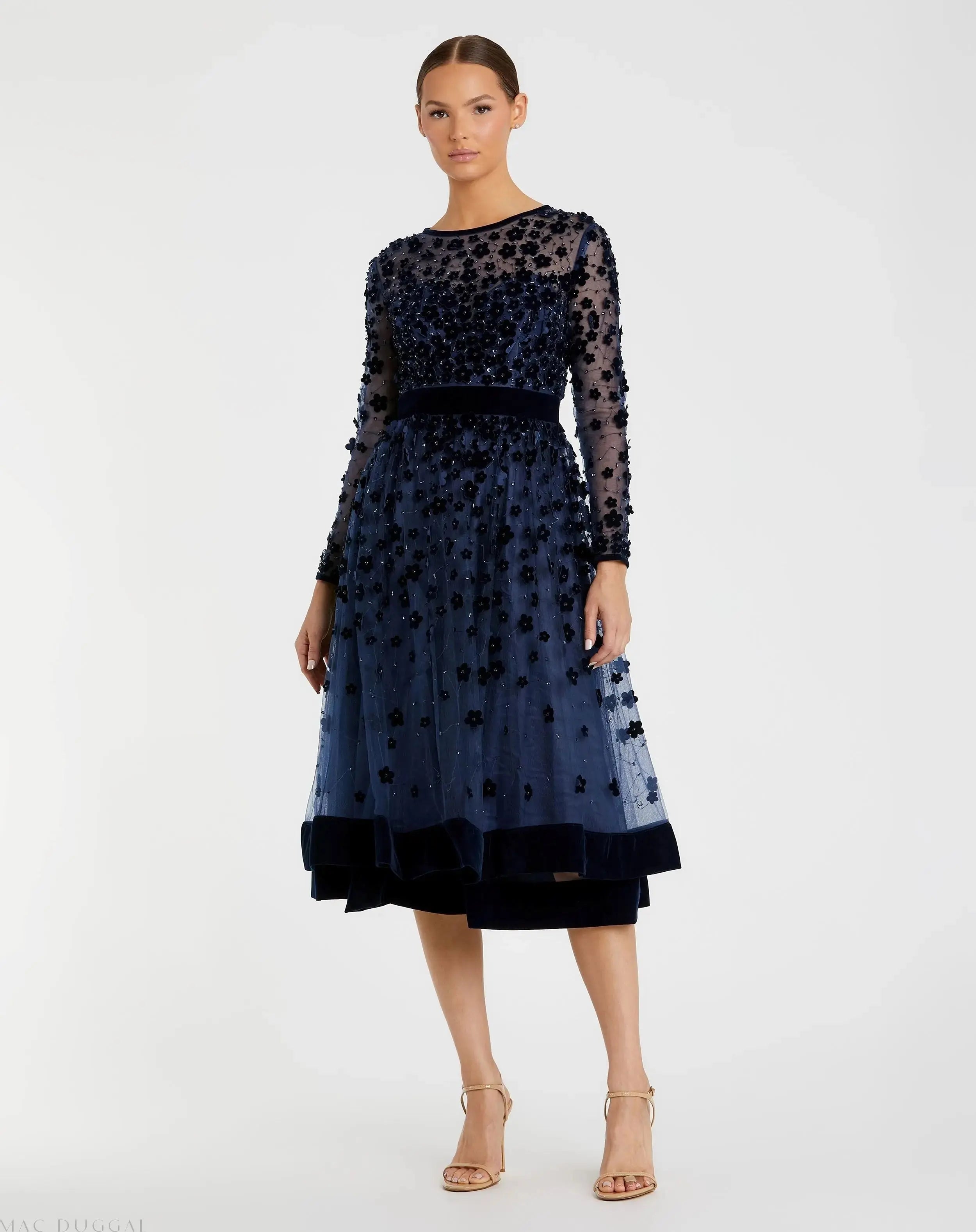 Navy Embellished Illusion High Neck Long Sleeve Fit & Flare Dress - Mac Duggal