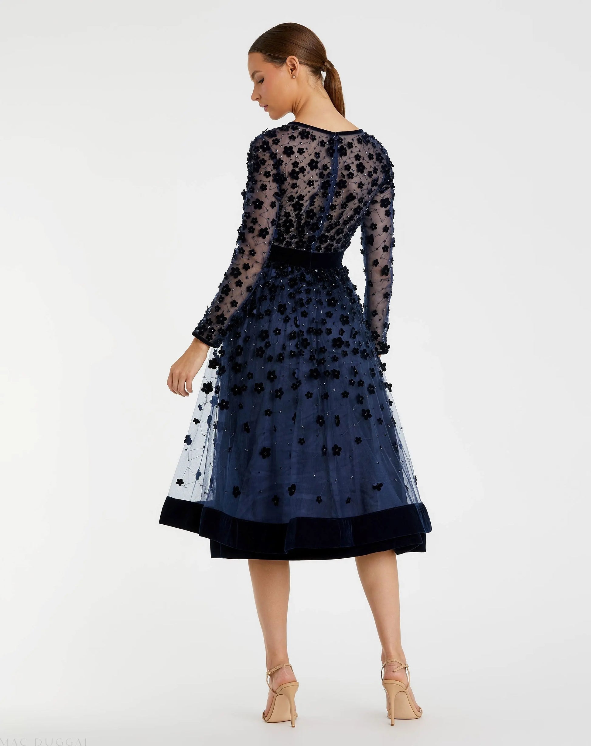 Navy Embellished Long Sleeve Velvet Trim A-Line Midi Dress | Mac Duggal Navy Embellished Long Sleeve Velvet Trim A-Line Midi Dress | Mac Duggal