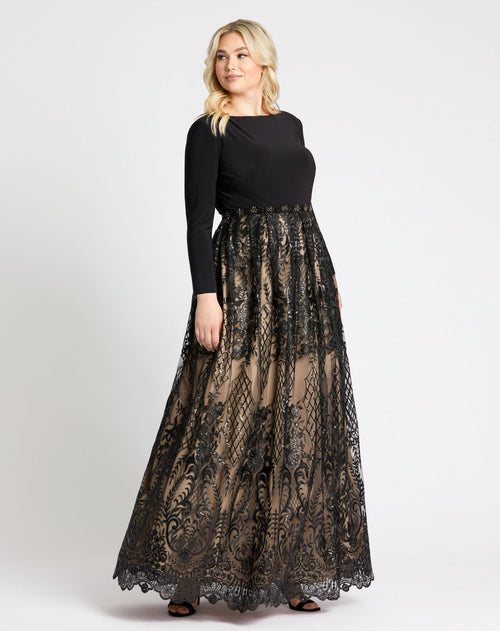 Long Sleeve High Neck Lace A Line Gown