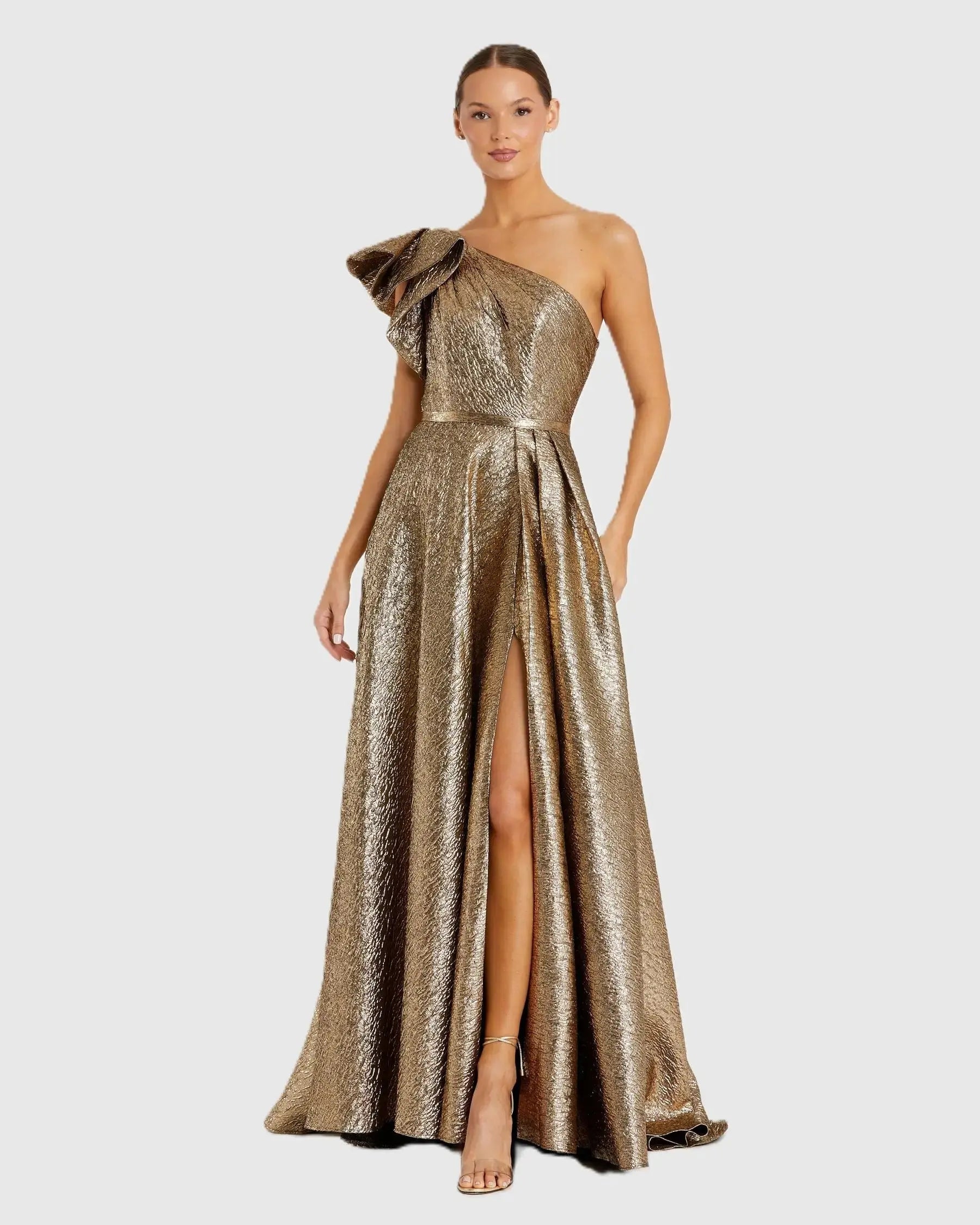 Gold One Shoulder Metallic Ball Gown