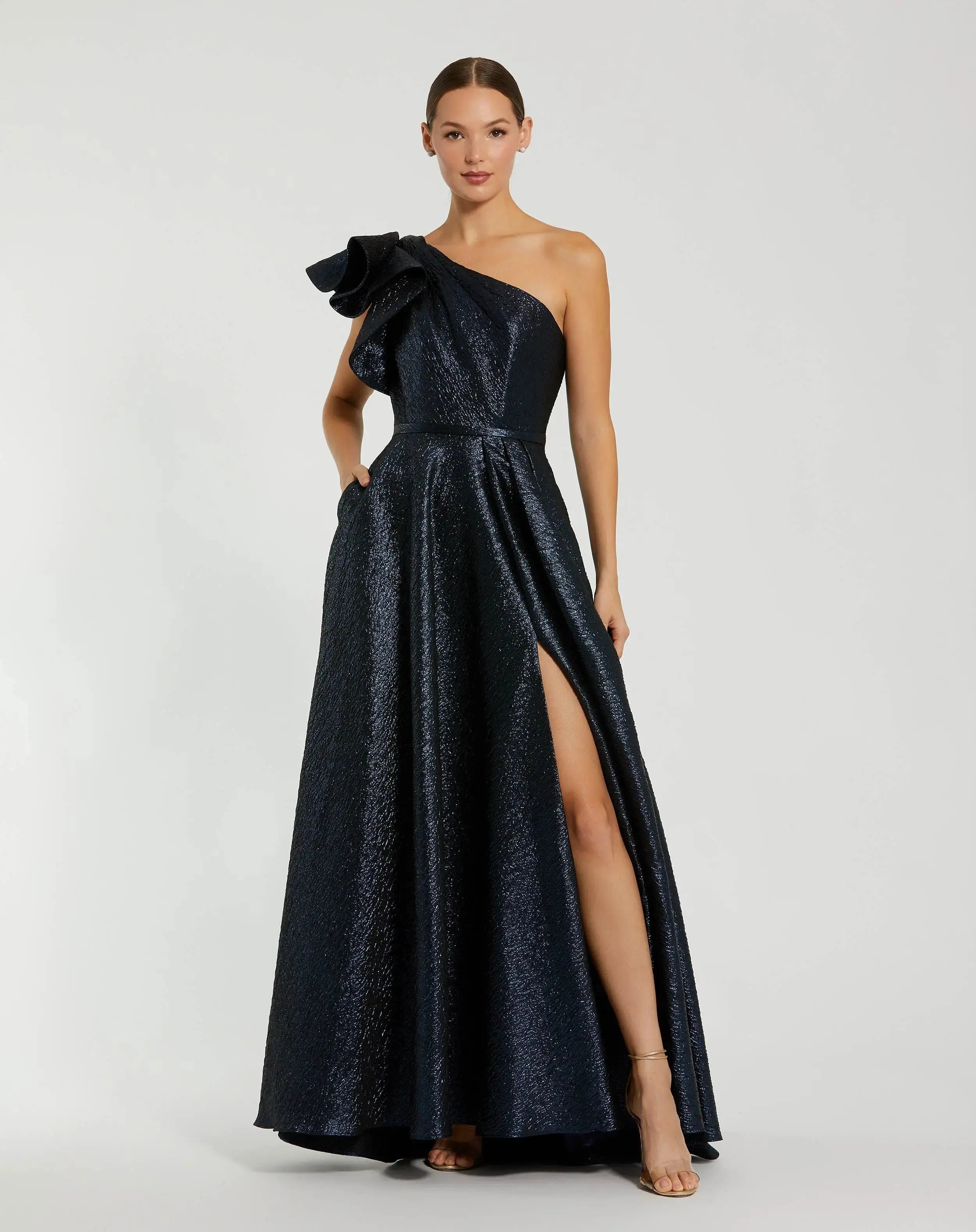 Navy One Shoulder Metallic Ballgown -Mac Duggal