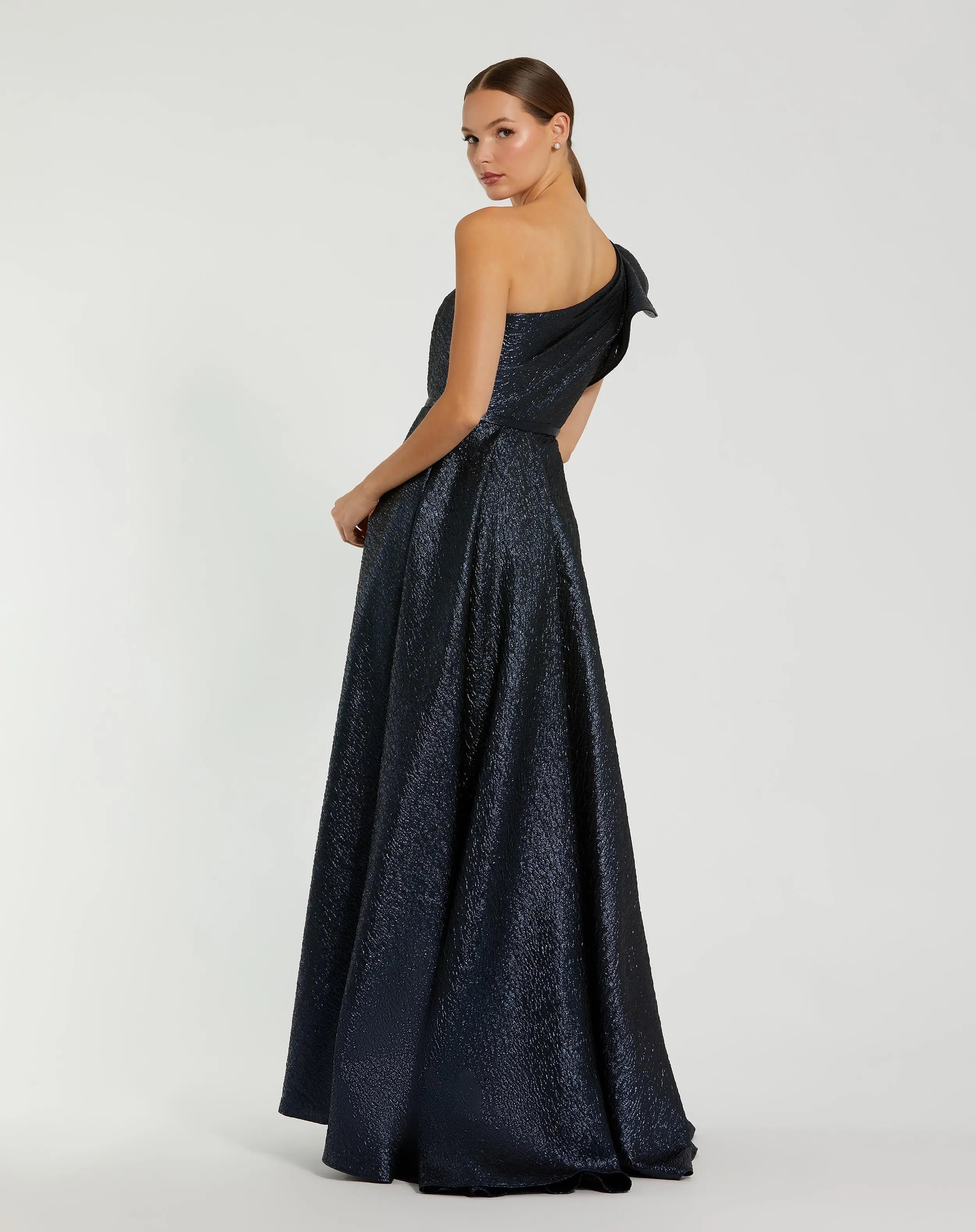 Navy One Shoulder Metallic Ballgown -Mac Duggal