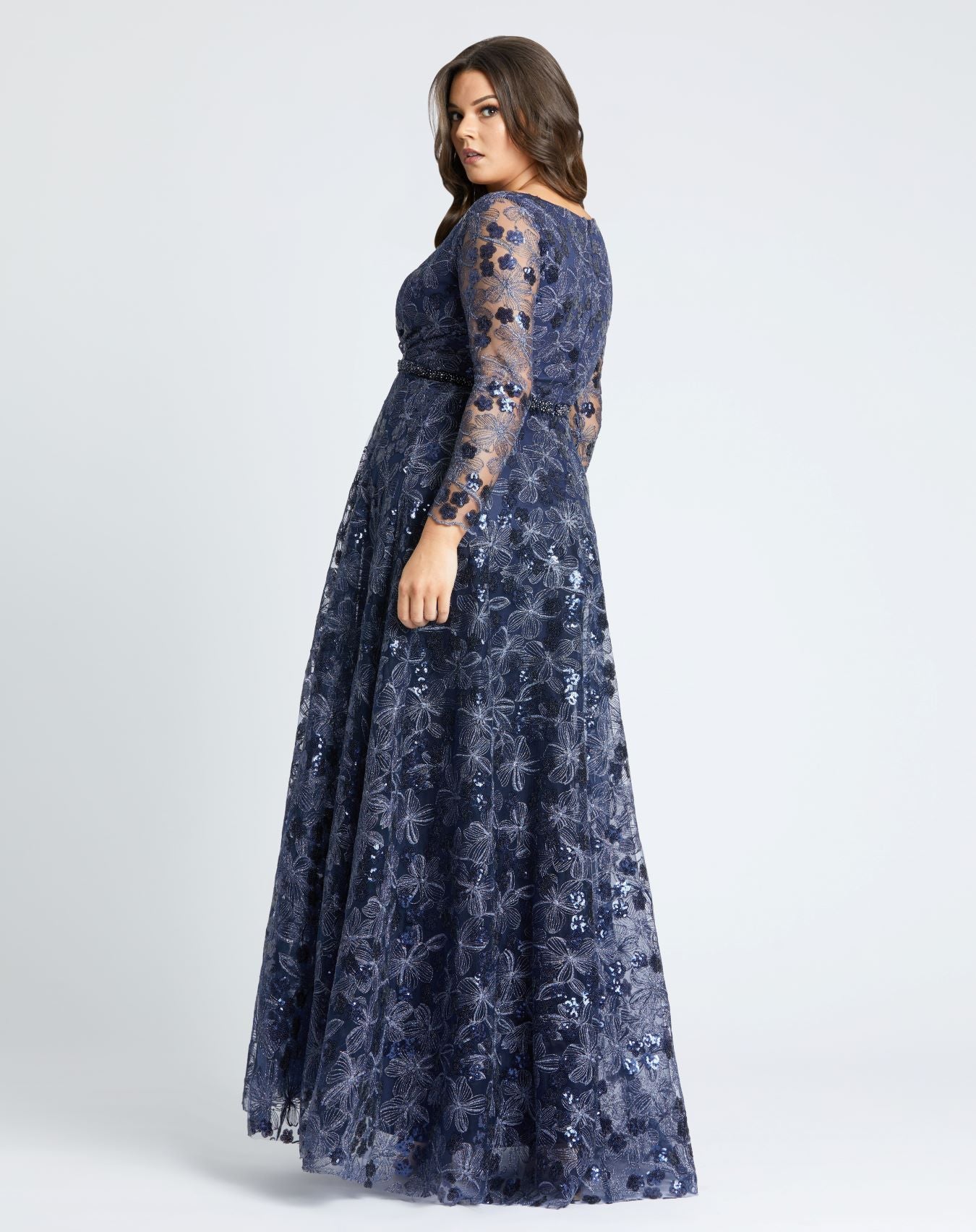 Embellished Illusion Long Sleeve Wrap Over A Line Gown