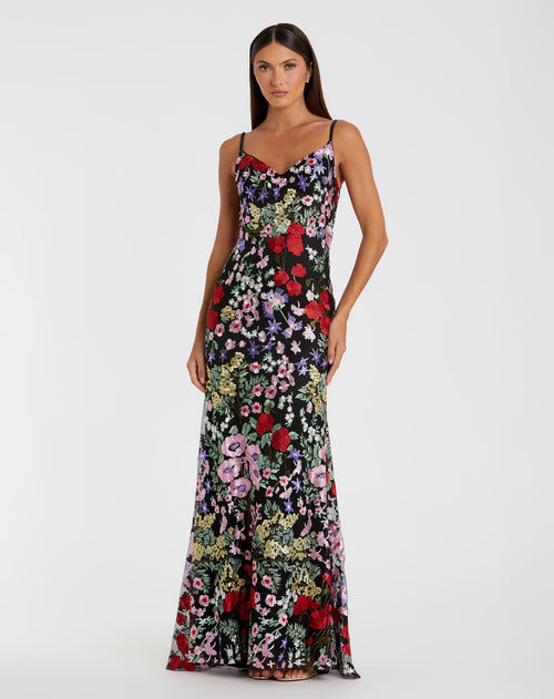 Floral Embroidered Spaghetti Strap Sweetheart Neck Gown