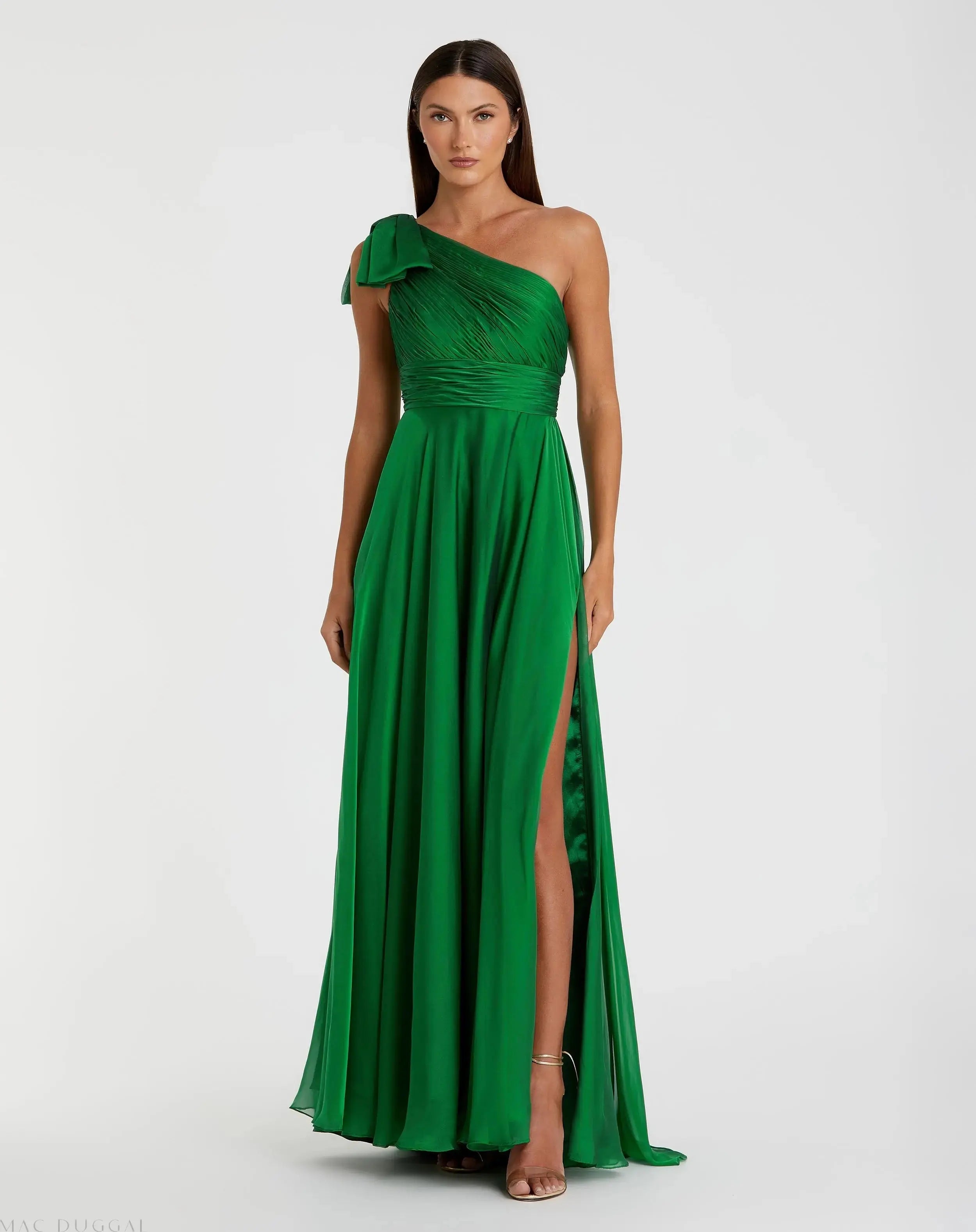Green Pleated One Shoulder Chiffon Gown - Mac Duggal