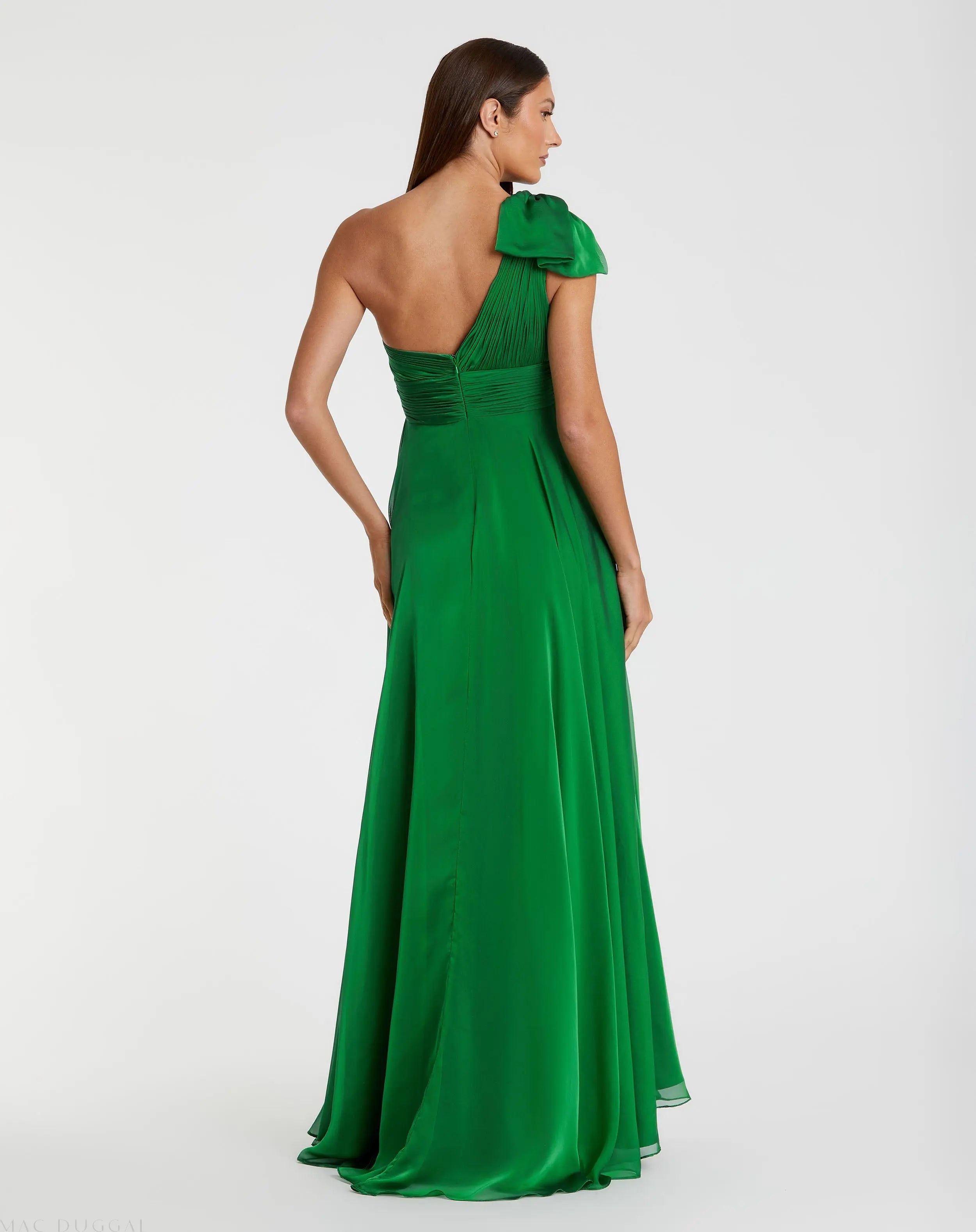 Green Pleated One Shoulder Chiffon Gown - Mac Duggal