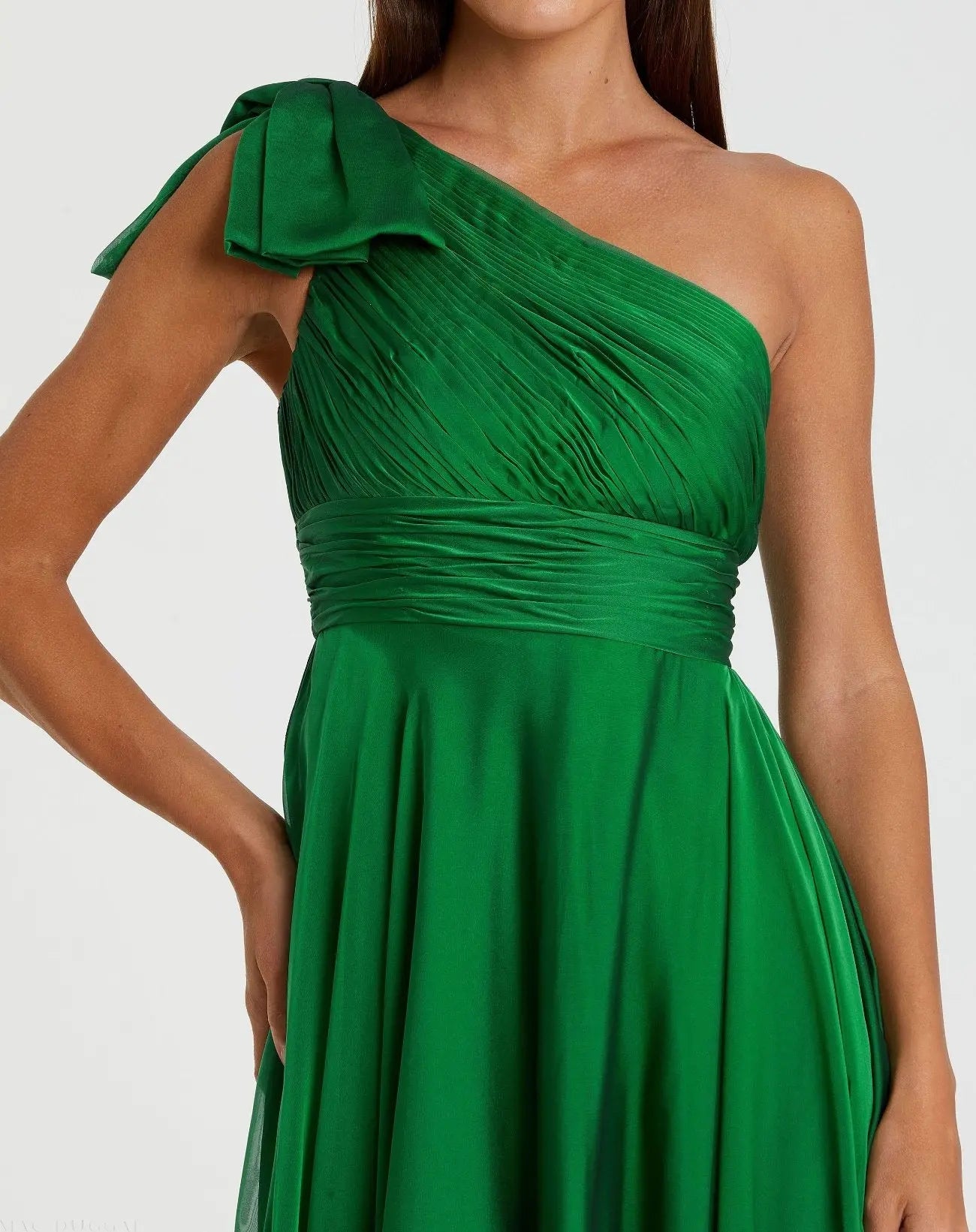 Green Pleated One Shoulder Chiffon Gown - Mac Duggal